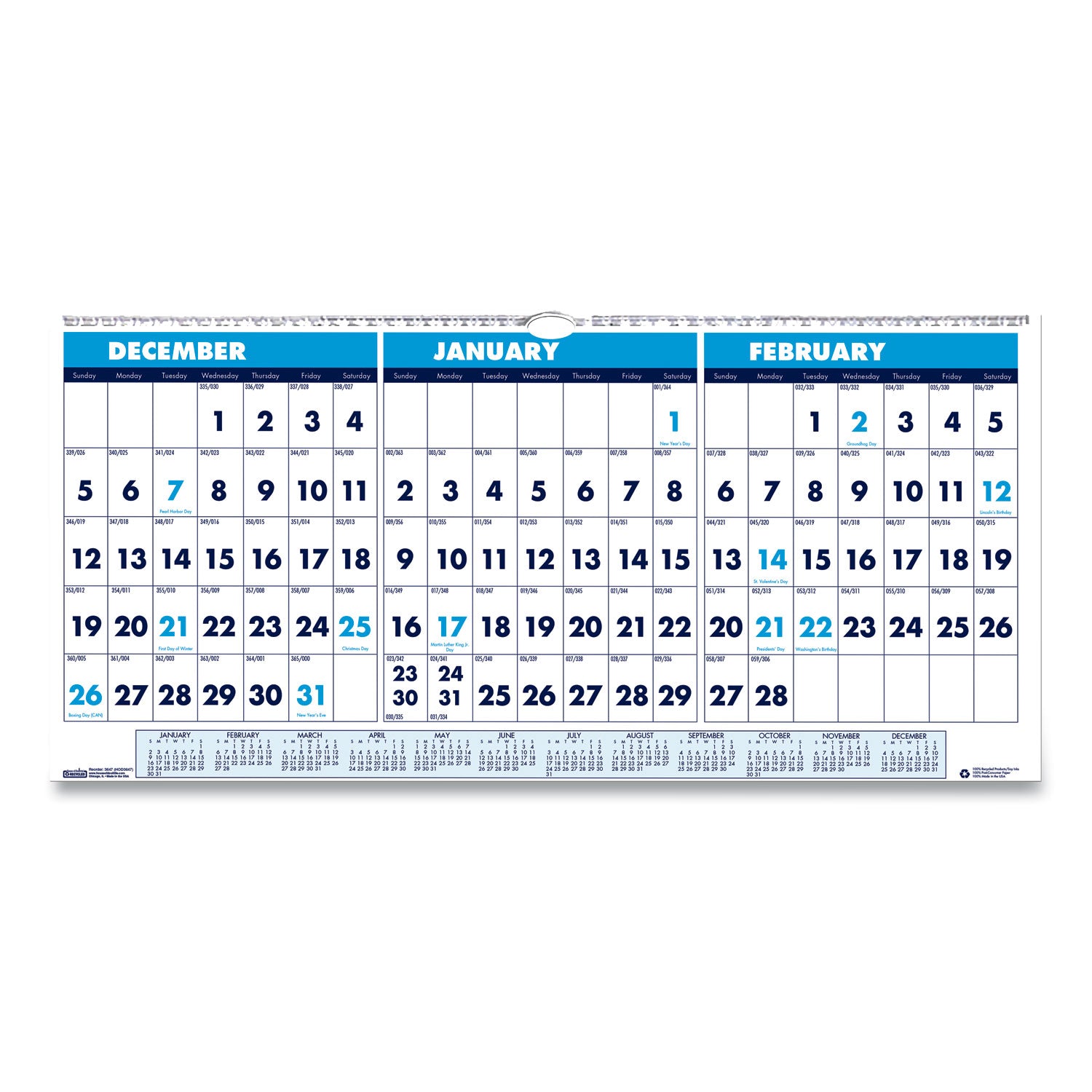 Recycled Three-Month Format Wall Calendar, Horizontal Orientation, 23.5 x 12, White Sheets, 14-Month: Dec 2024 to Jan 2026