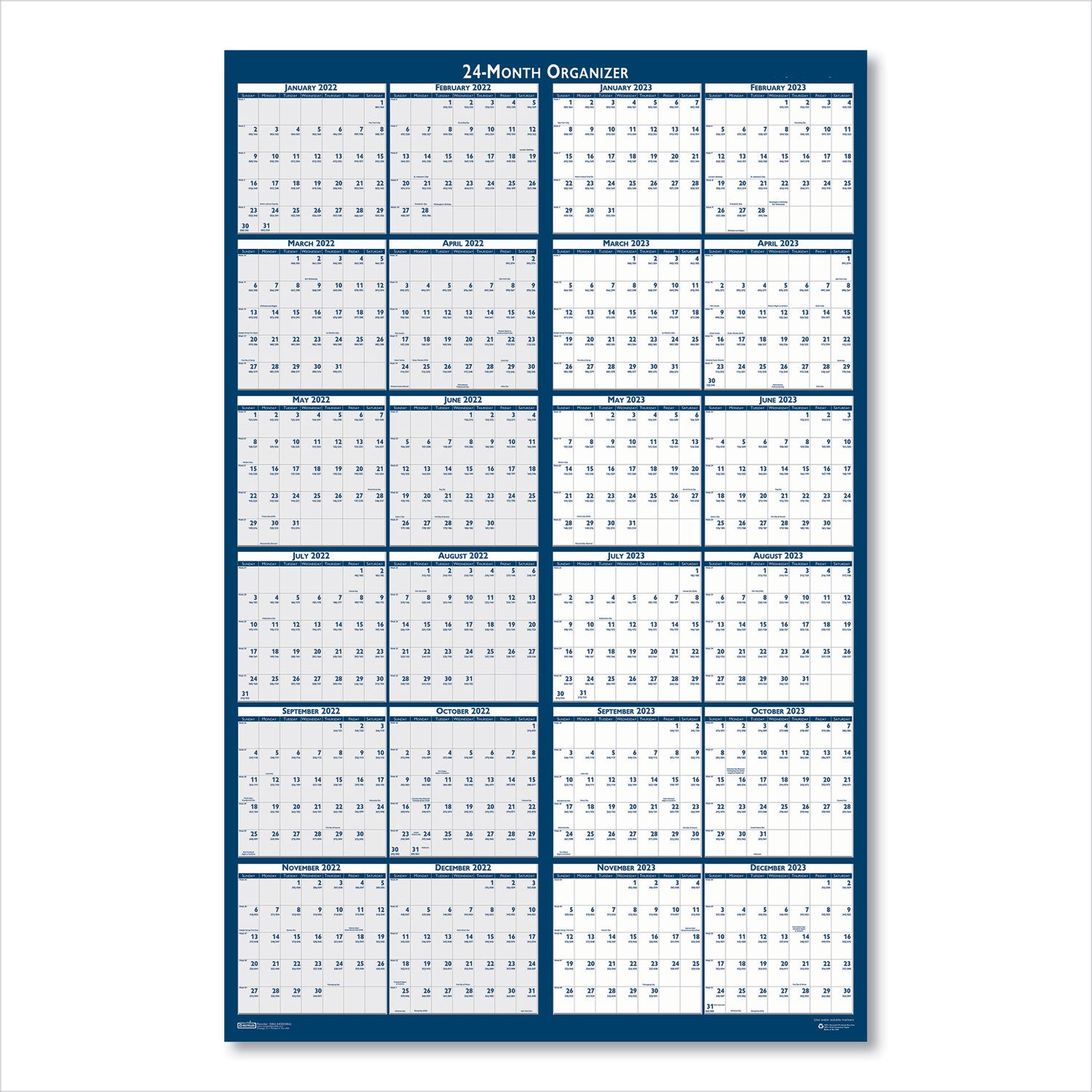House of Doolittle™ Reversible/Erasable Two-Year Wall Calendar, 24 x 37, Light Blue/Blue/White Sheets, 24-Month: Jan 2025 to Dec 2026