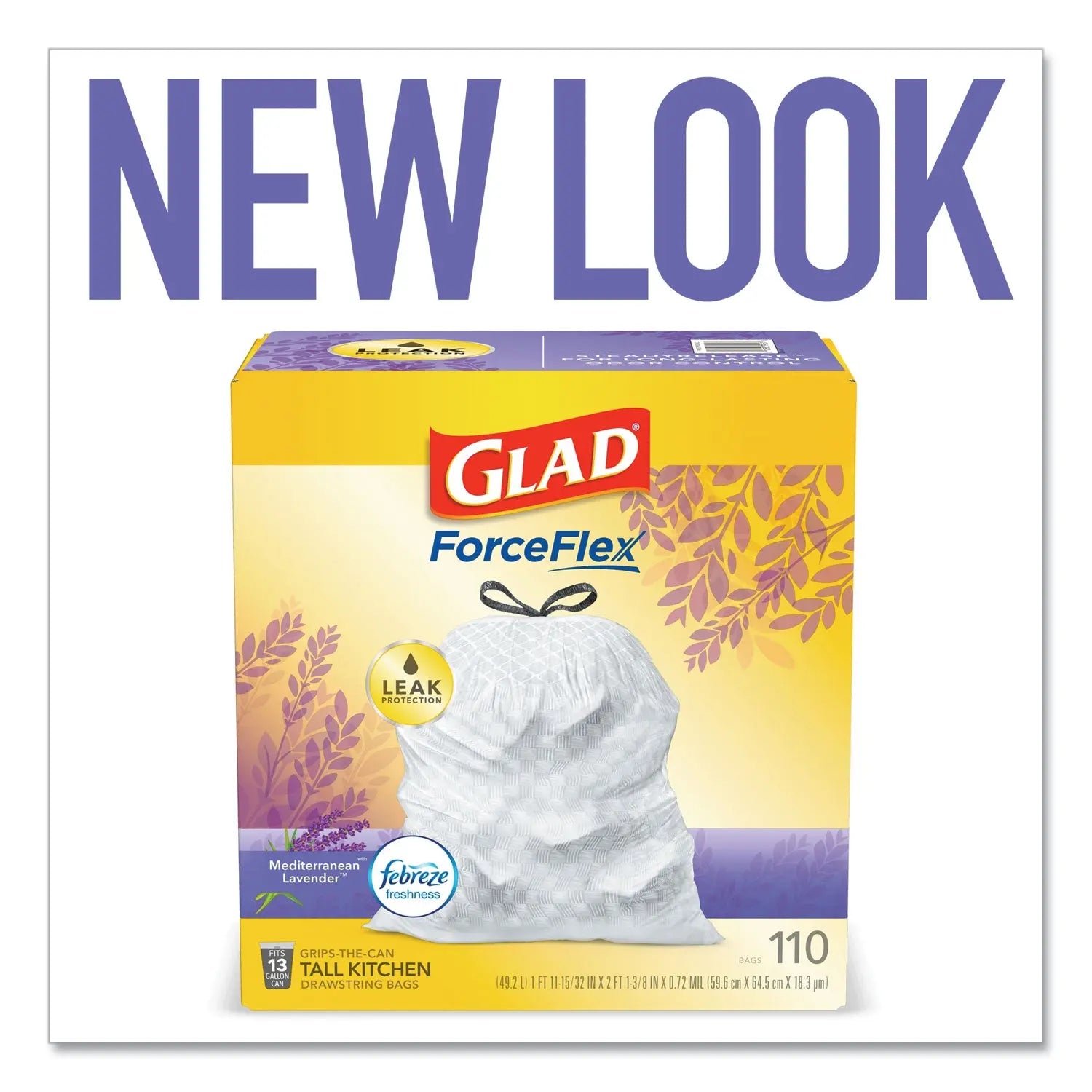 Glad OdorShield with Febreze, Drawstring, 13 gal, Mediterranean Lavender Scent, 10.18" x 9.81", White, 110/Box Glad® Flipcost