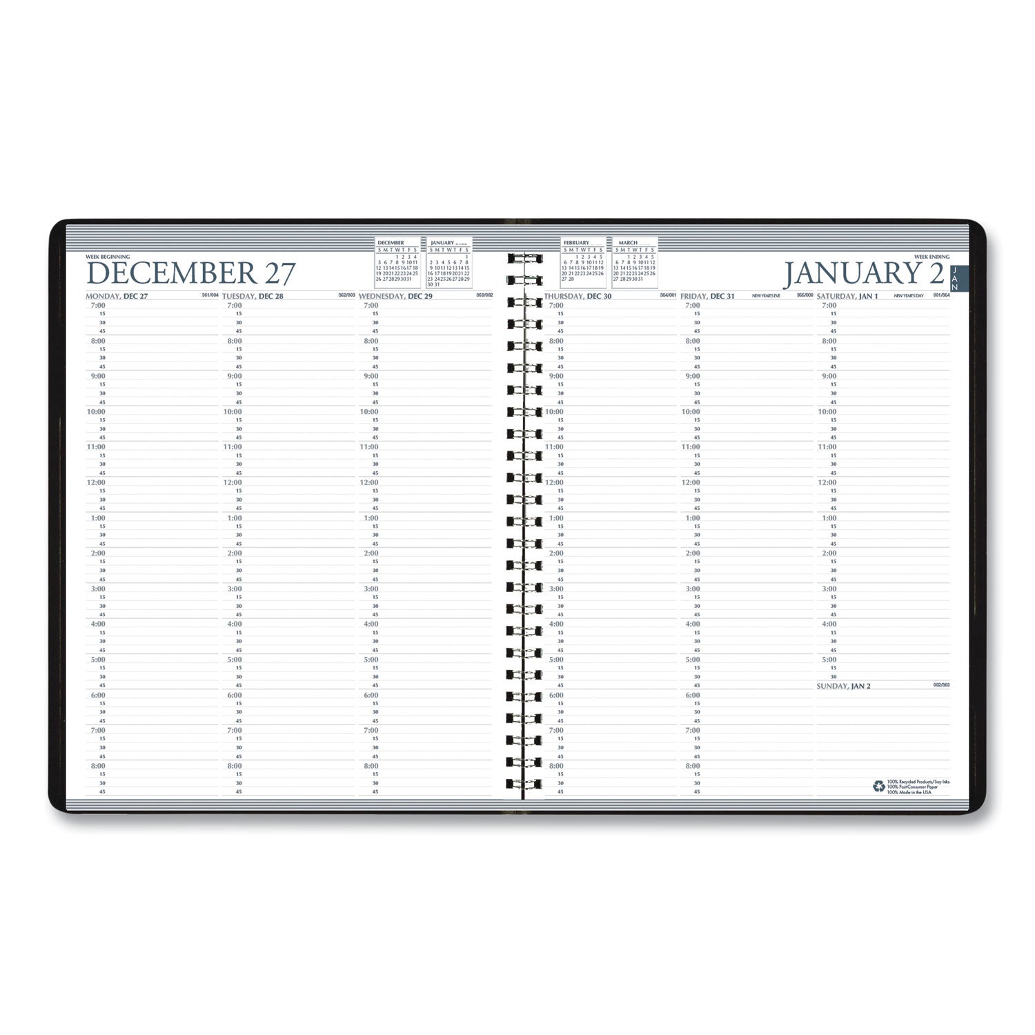 House of Doolittle™ Recycled Professional Weekly Planner, 15-Minute Appts, 11 x 8.5, Black Wirebound Soft Cover, 24-Month: Jan 2025 to Dec 2026