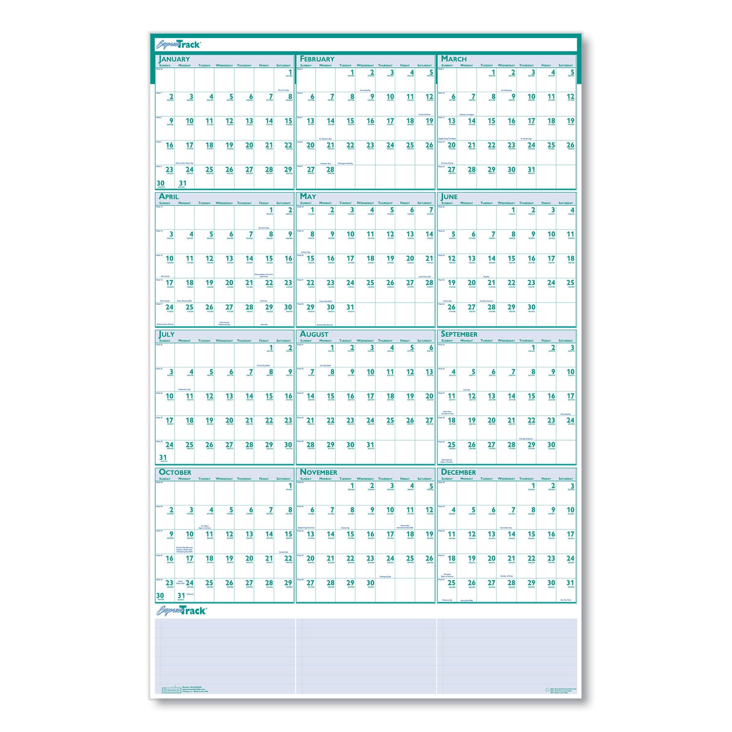 House of Doolittle™ Express Track Recycled Reversible/Erasable Yearly Wall Calendar, 24 x 37, White/Teal Sheets, 12-Month (Jan to Dec): 2025