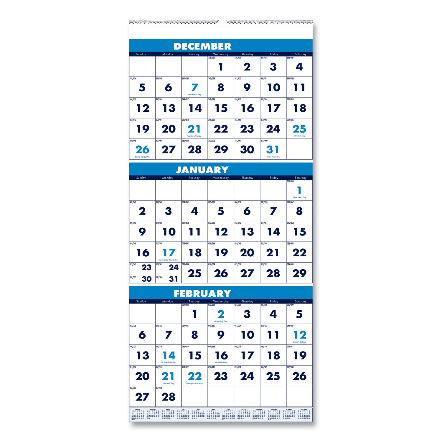 Recycled Three-Month Format Wall Calendar, Vertical Orientation, 8 x 17, White Sheets, 14-Month: Dec 2024 to Jan 2026