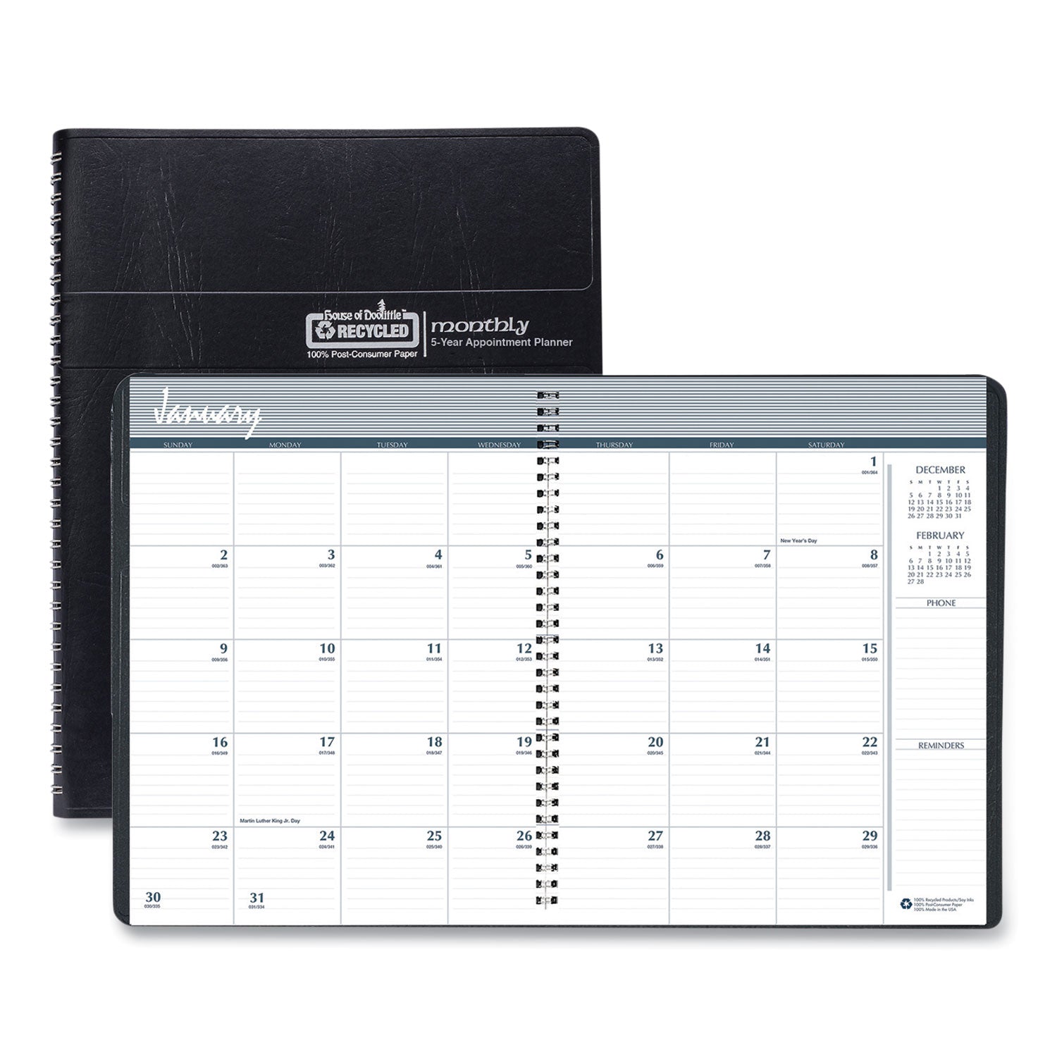 Recycled Monthly 5-Year/62-Month Planner, 11 x 8.5, Black Cover, 62-Month: Dec 2024 to Jan 2030