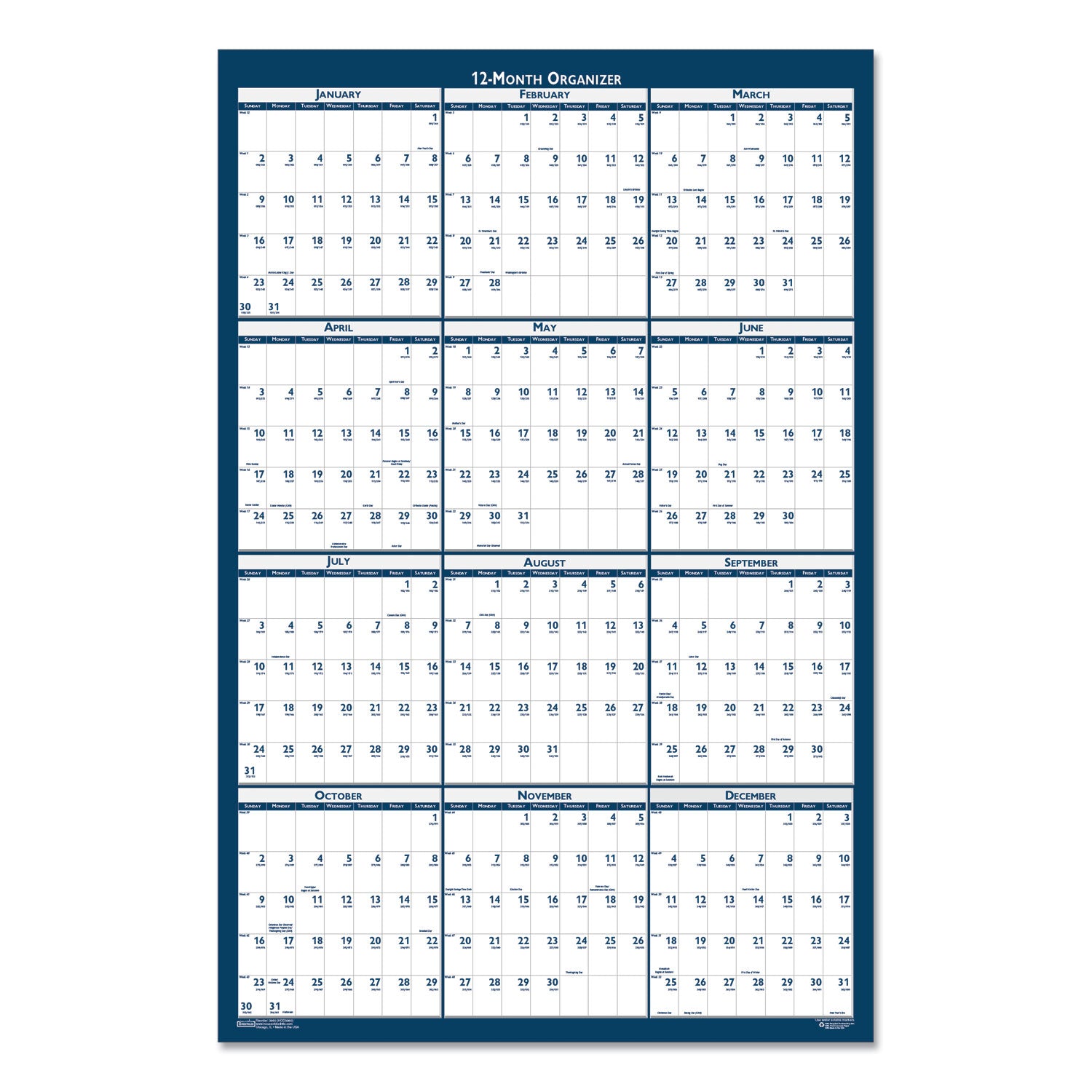 House of Doolittle™ Recycled Poster Style Reversible/Erasable Yearly Wall Calendar, 24 x 37, White/Blue/Gray Sheets, 12-Month (Jan to Dec): 2025