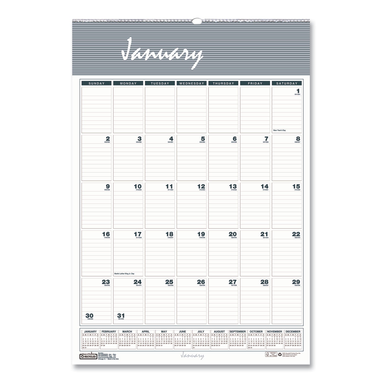 Bar Harbor Recycled Wirebound Monthly Wall Calendar, 12 x 17, White/Blue/Gray Sheets, 12-Month (Jan-Dec): 2025