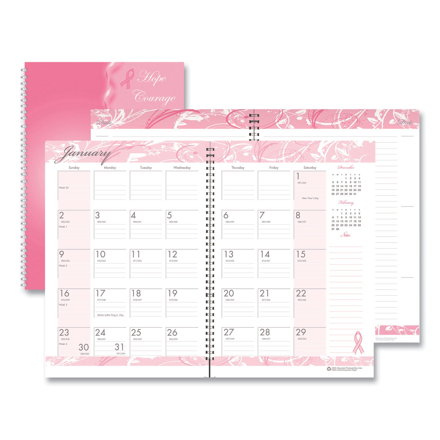 Breast Cancer Awareness Recycled Ruled Monthly Planner/Journal, 10 x 7, Pink Cover, 12-Month (Jan to Dec): 2025
