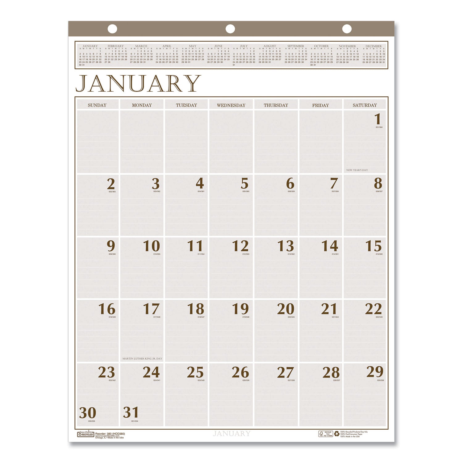 Large Print Recycled Monthly Wall Calendar, 20 x 26, Beige Sheets, 12-Month (Jan to Dec): 2025