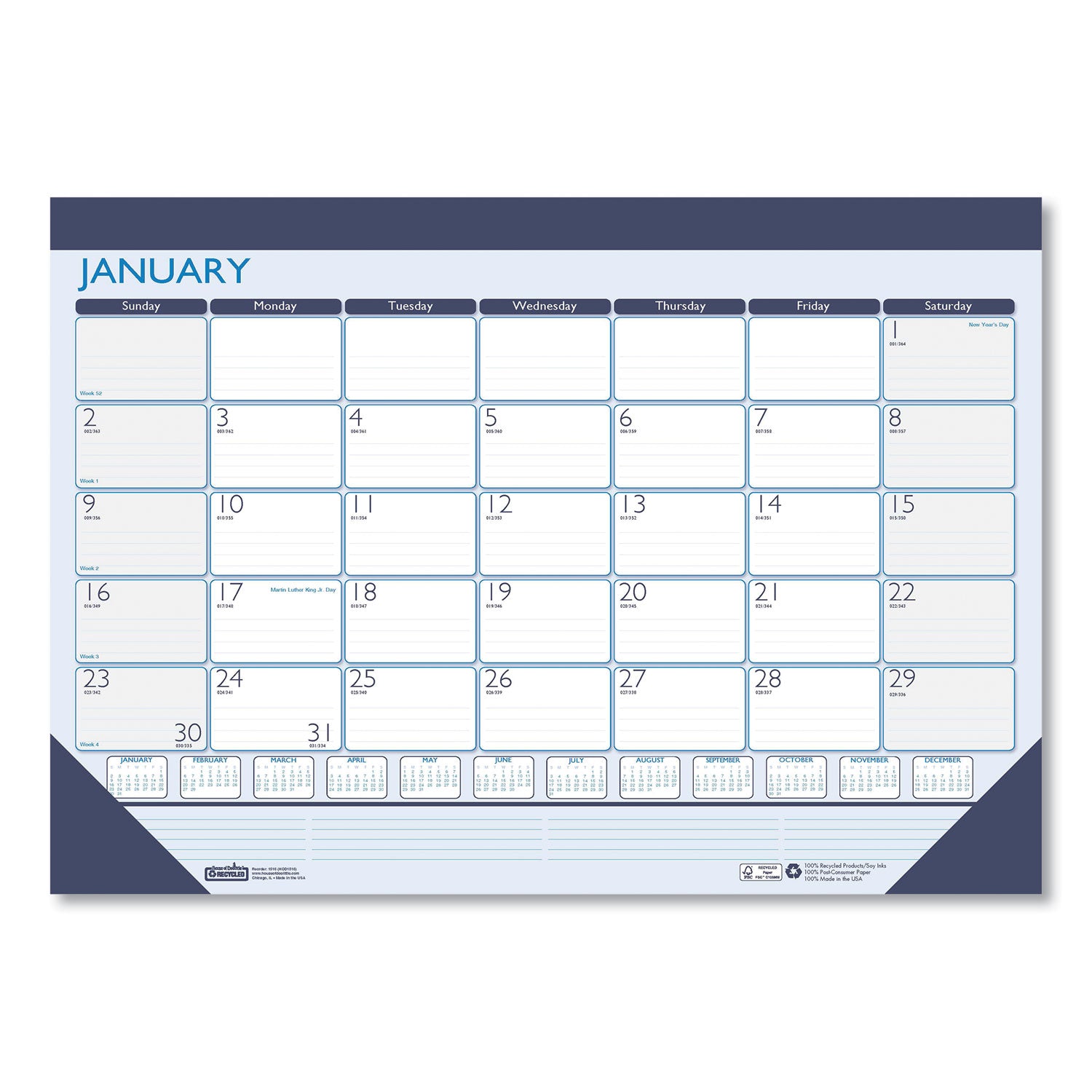 Recycled Contempo Desk Pad Calendar, 18.5 x 13, White/Blue Sheets, Blue Binding, Blue Corners, 12-Month (Jan to Dec): 2025