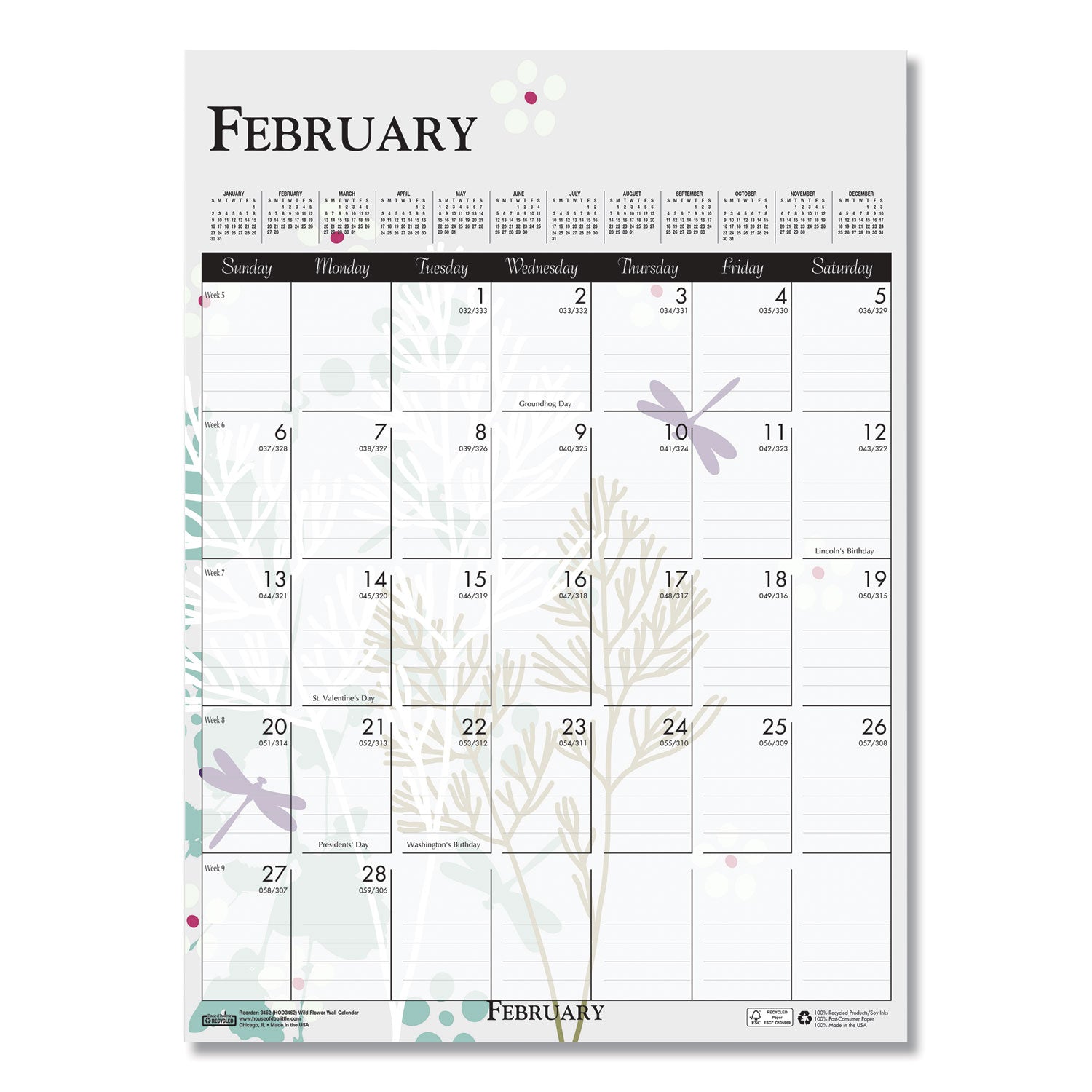 House of Doolittle™ Recycled Wild Flower Wall Calendar, Wild Flowers Artwork, 12 x 16.5, White/Multicolor Sheets, 12-Month (Jan to Dec): 2025
