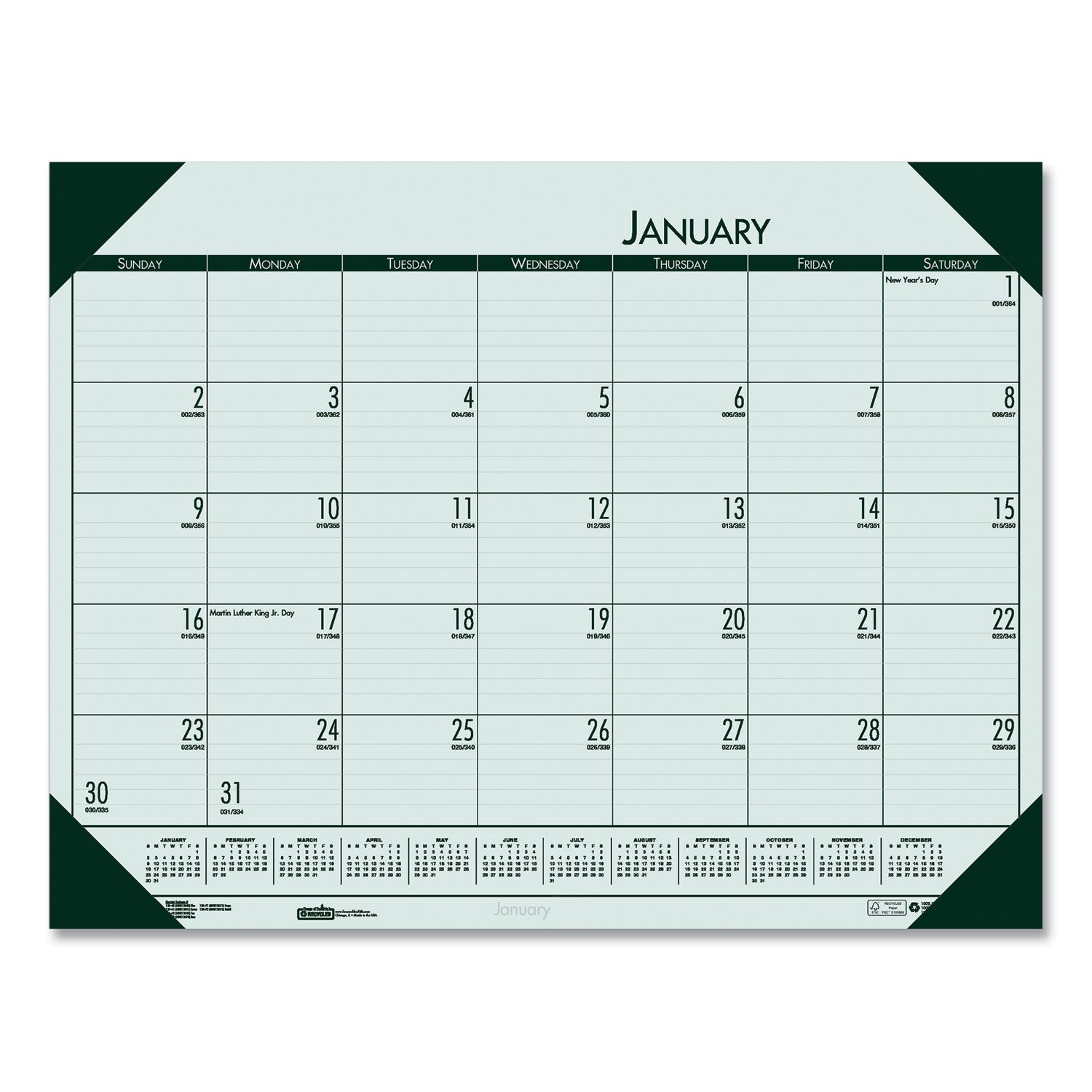 EcoTones Recycled Monthly Desk Pad Calendar, 22 x 17, Green-Tint/Woodland Green Sheets/Corners, 12-Month (Jan to Dec): 2025