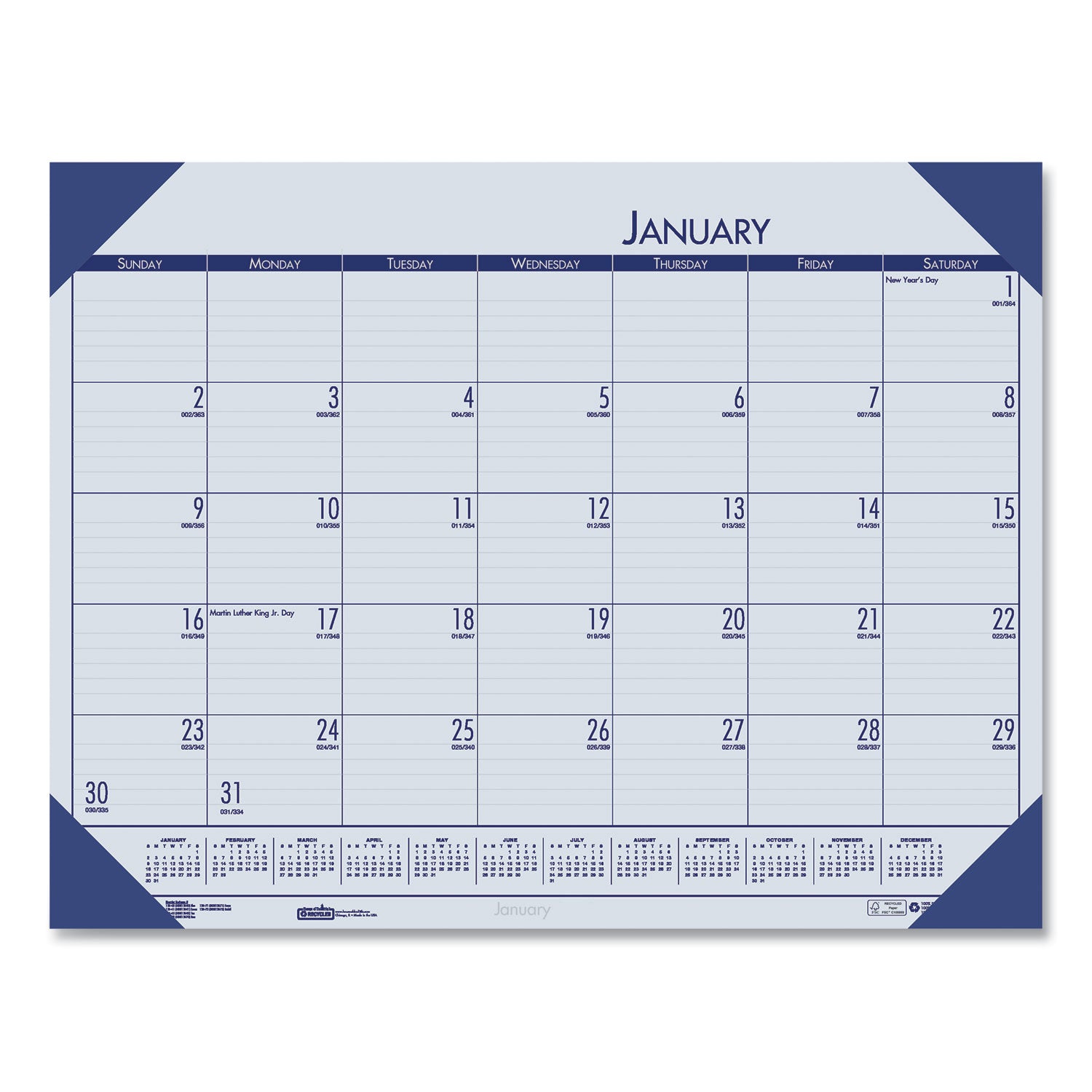 EcoTones Recycled Monthly Desk Pad Calendar, 22 x 17, Ocean Blue Sheets/Corners, Black Binding, 12-Month (Jan-Dec): 2025