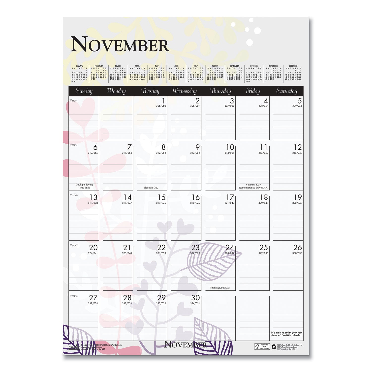 House of Doolittle™ Recycled Wild Flower Wall Calendar, Wild Flowers Artwork, 12 x 16.5, White/Multicolor Sheets, 12-Month (Jan to Dec): 2025