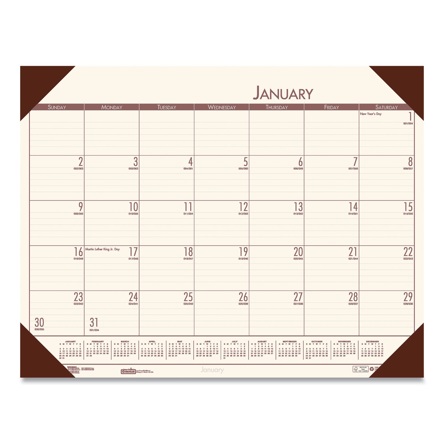EcoTones Recycled Monthly Desk Pad Calendar, 22 x 17, Moonlight Cream Sheets, Brown Corners, 12-Month (Jan to Dec): 2025