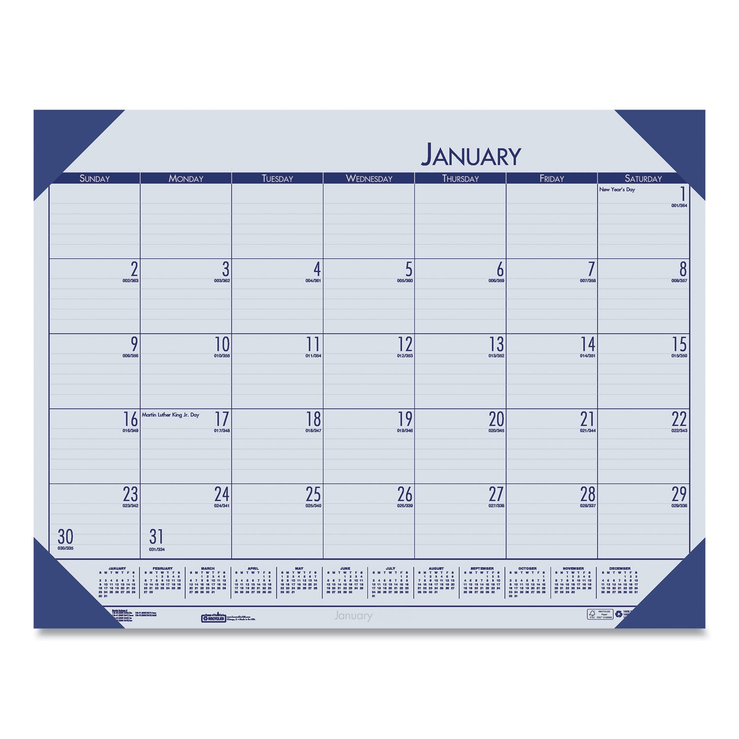 EcoTones Recycled Monthly Desk Pad Calendar, 18.5 x 13, Ocean Blue Sheets/Corners, Black Binding, 12-Month (Jan to Dec): 2025