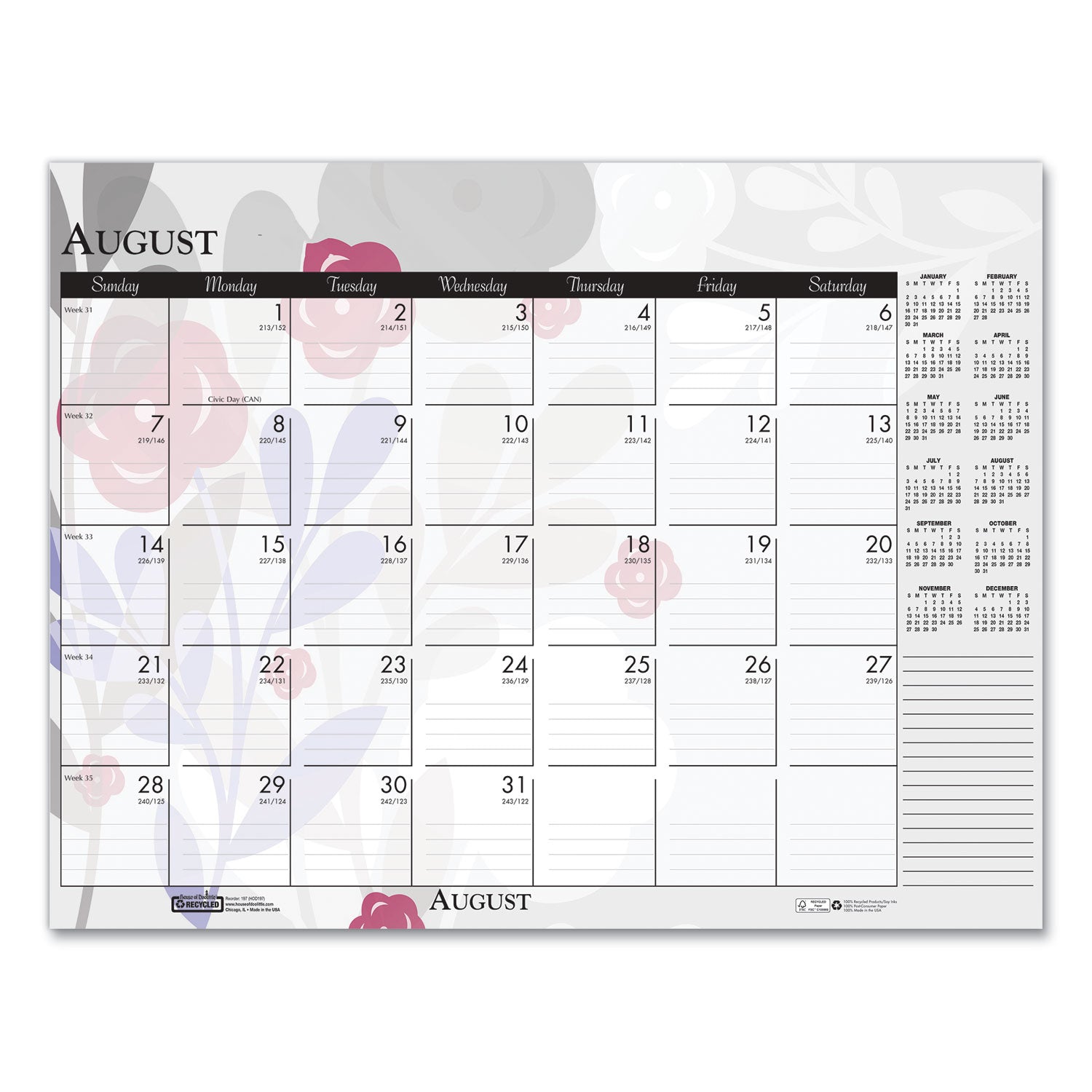 House of Doolittle™ Recycled Desk Pad Calendar, Wild Flowers Artwork, 18.5 x 13, White Sheets, Black Binding/Corners,12-Month (Jan-Dec): 2025