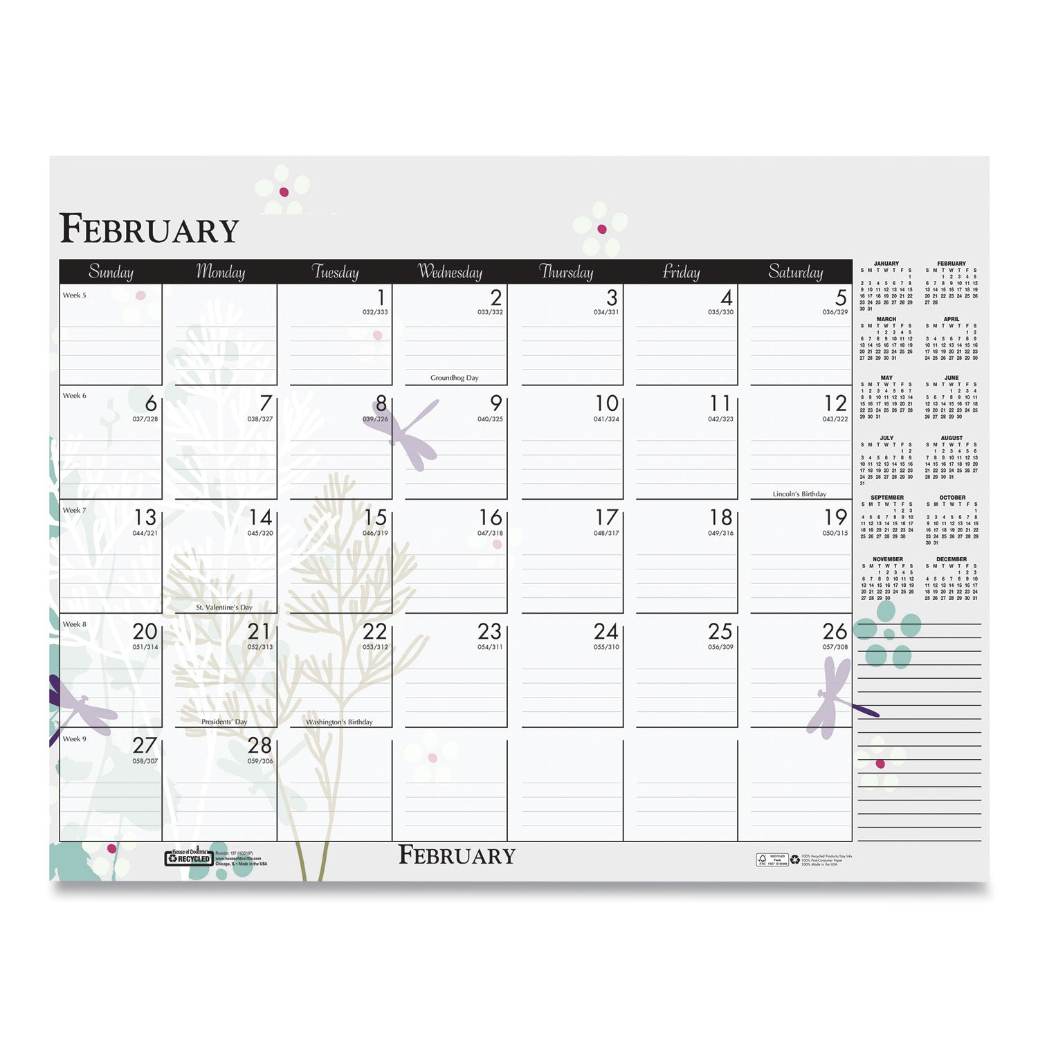 House of Doolittle™ Recycled Desk Pad Calendar, Wild Flowers Artwork, 18.5 x 13, White Sheets, Black Binding/Corners,12-Month (Jan-Dec): 2025