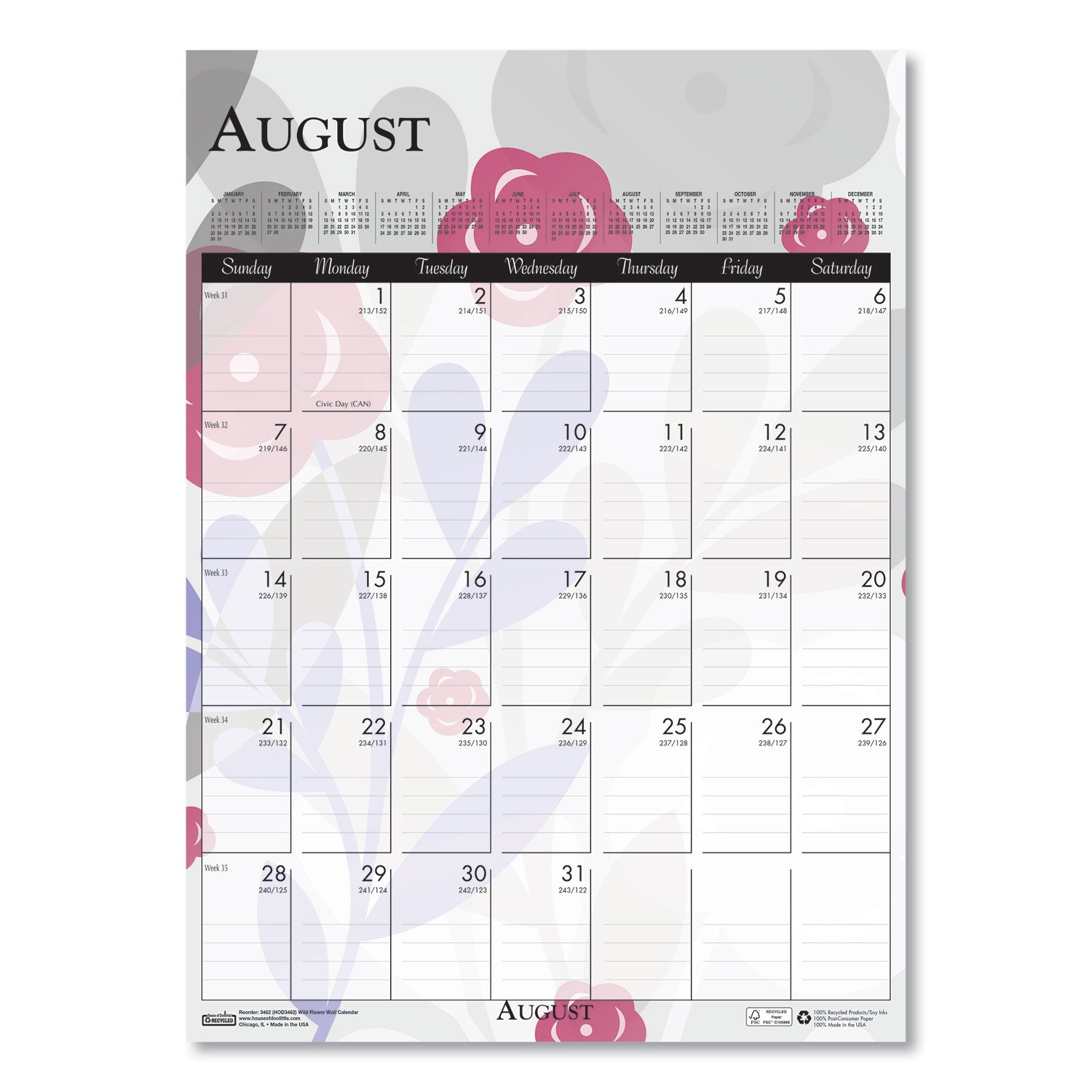House of Doolittle™ Recycled Wild Flower Wall Calendar, Wild Flowers Artwork, 12 x 16.5, White/Multicolor Sheets, 12-Month (Jan to Dec): 2025