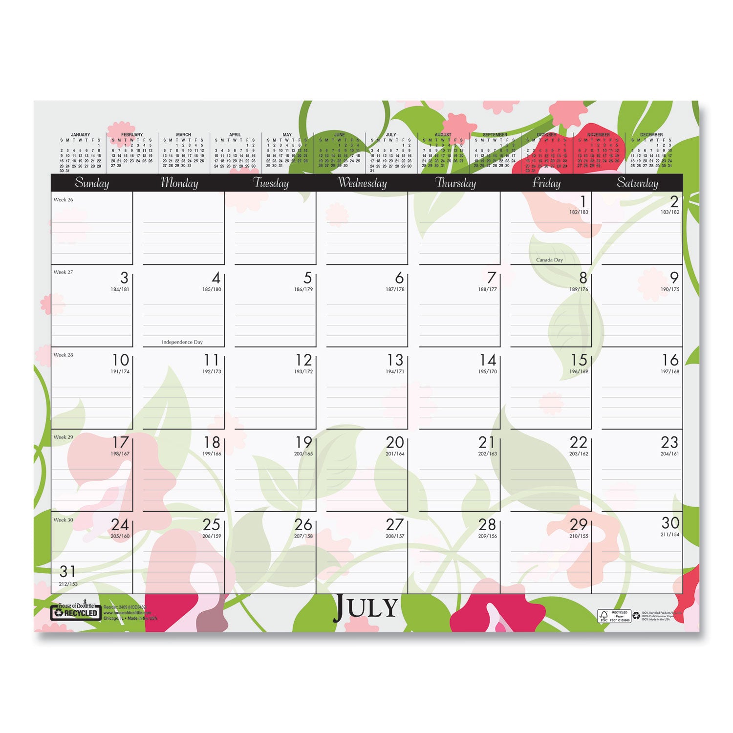 House of Doolittle™ Recycled Wild Flower Wall Calendar, Wild Flowers Artwork, 15 x 12, White/Multicolor Sheets, 12-Month (Jan to Dec): 2025