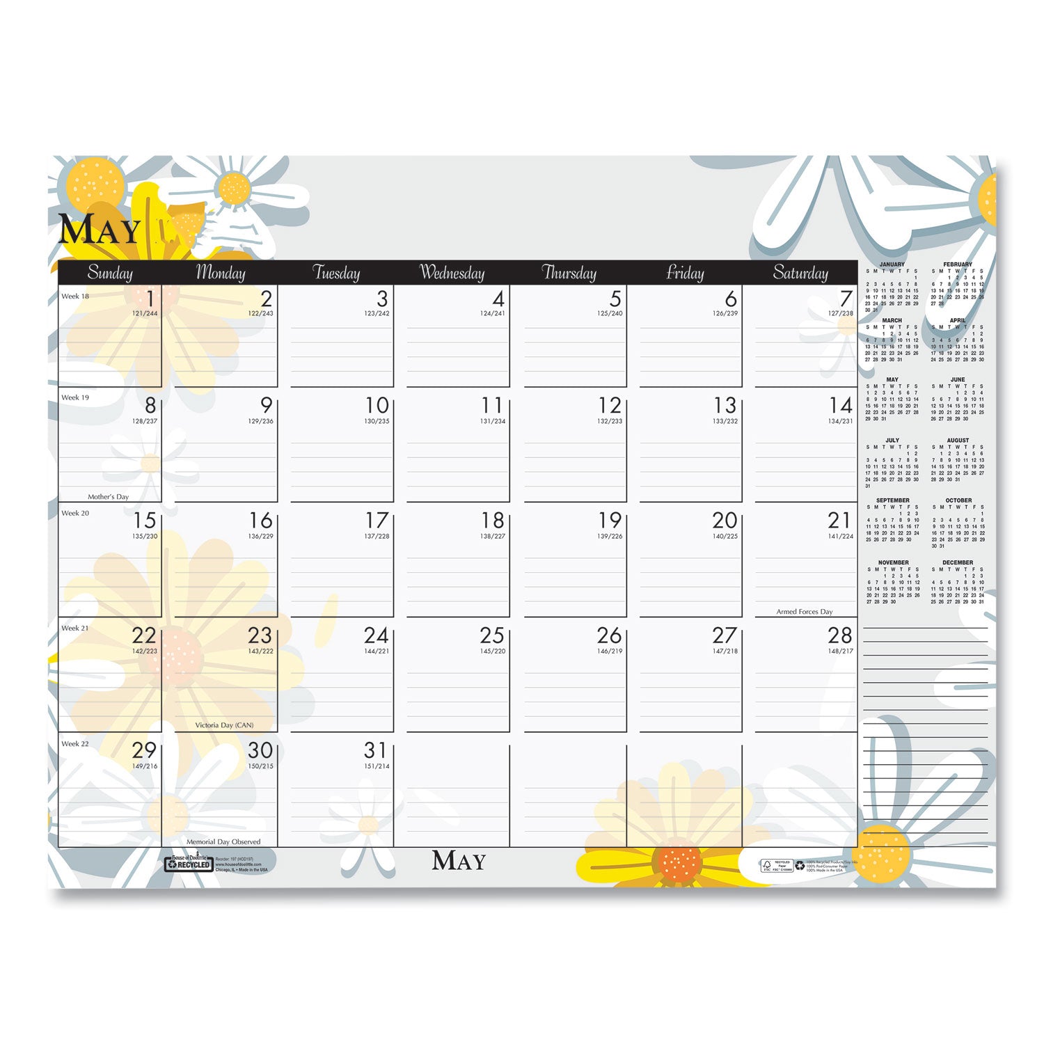 House of Doolittle™ Recycled Desk Pad Calendar, Wild Flowers Artwork, 18.5 x 13, White Sheets, Black Binding/Corners,12-Month (Jan-Dec): 2025