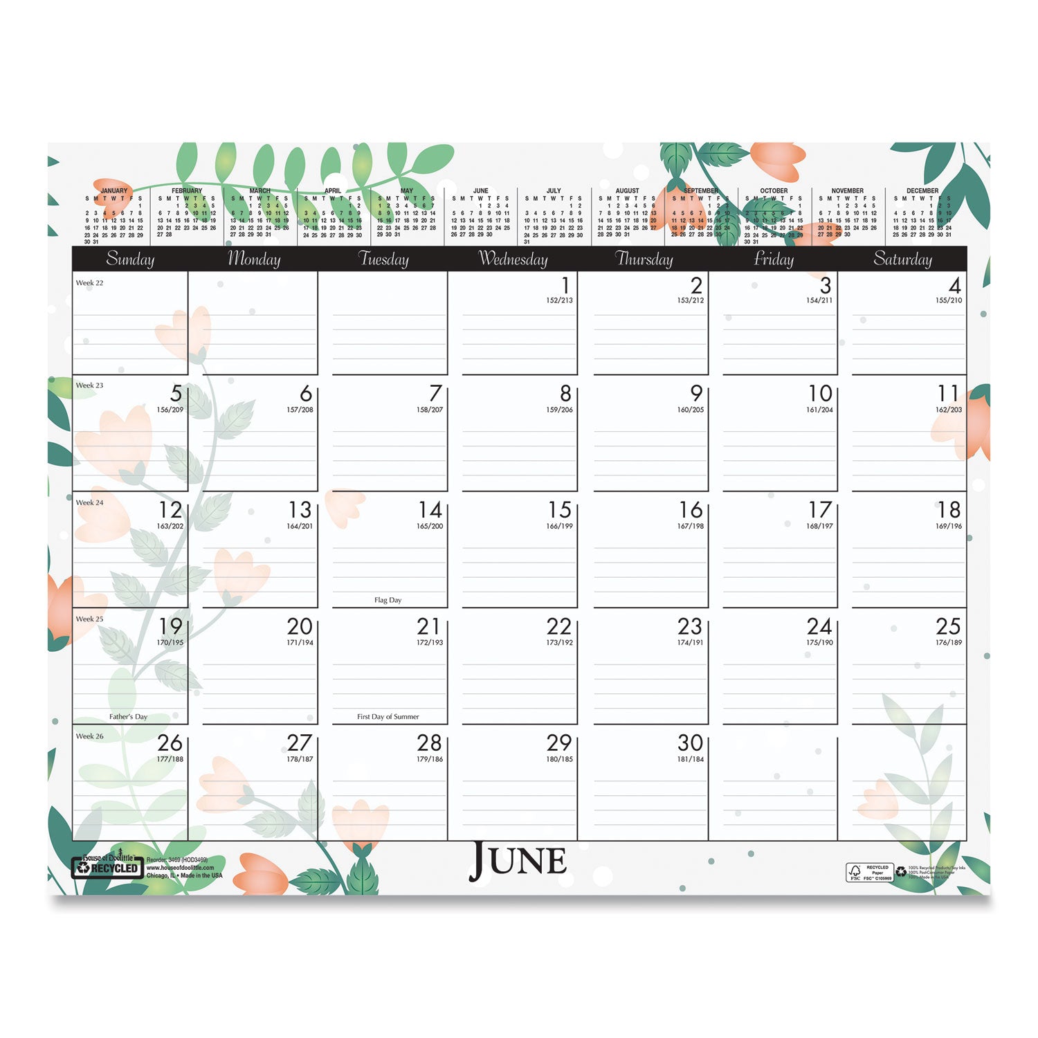 House of Doolittle™ Recycled Wild Flower Wall Calendar, Wild Flowers Artwork, 15 x 12, White/Multicolor Sheets, 12-Month (Jan to Dec): 2025
