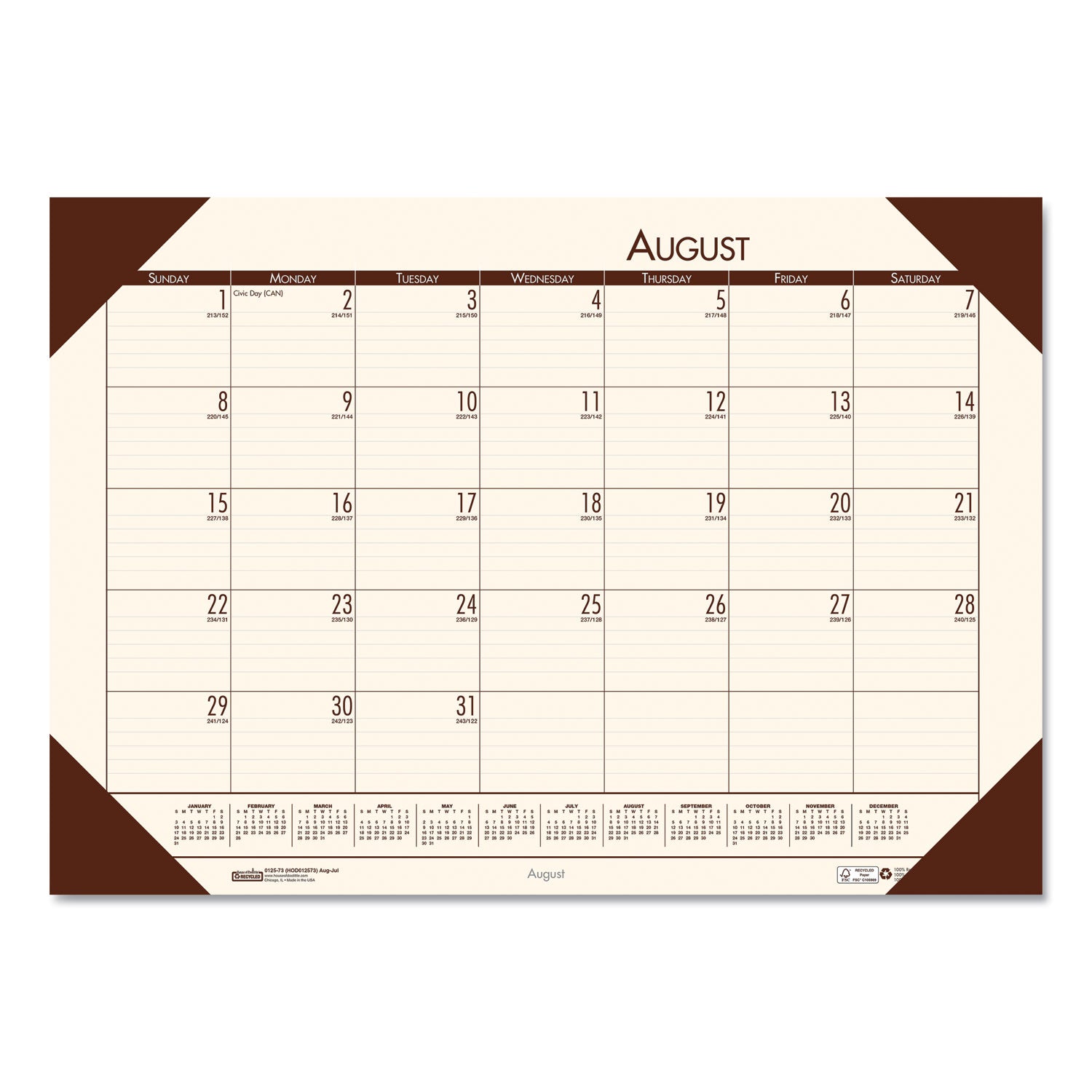EcoTones Recycled Academic Desk Pad Calendar, 18.5 x 13, Cream Sheets, Brown Corners, 12-Month (Aug to July): 2024 to 2025