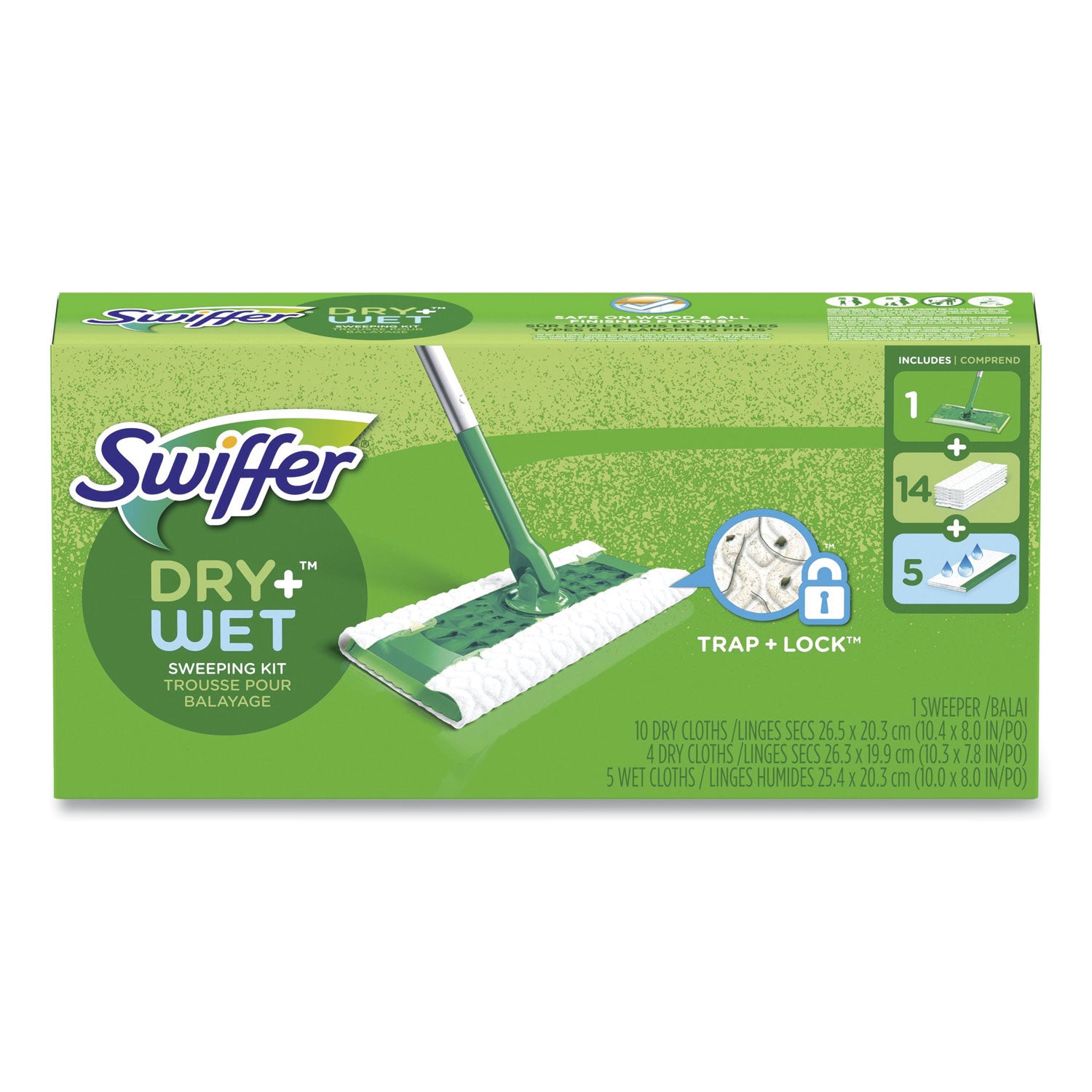 Swiffer® Sweeper Mop, 10 x 4.8 White Cloth Head, 46" Silver/Green Aluminum/Plastic Handle