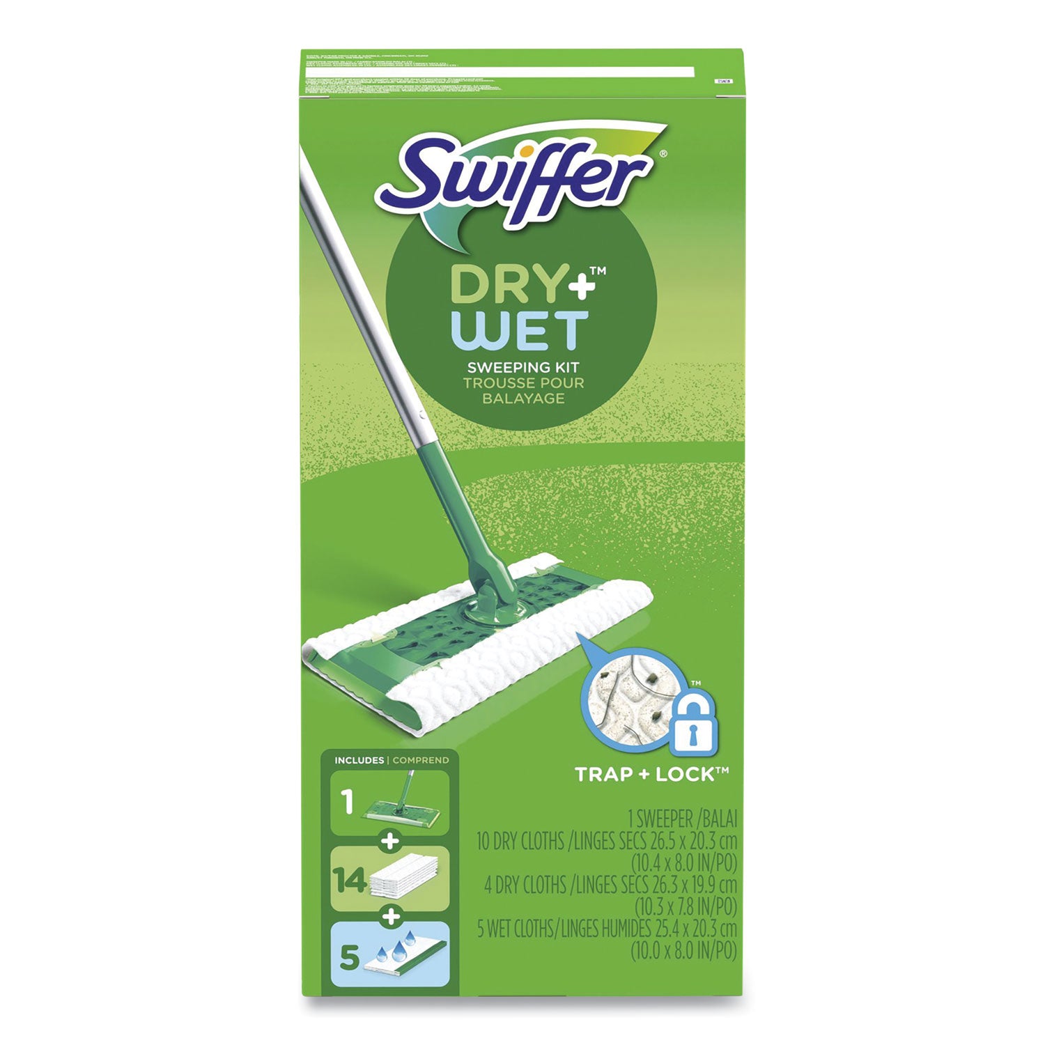 Swiffer® Sweeper Mop, 10 x 4.8 White Cloth Head, 46" Silver/Green Aluminum/Plastic Handle