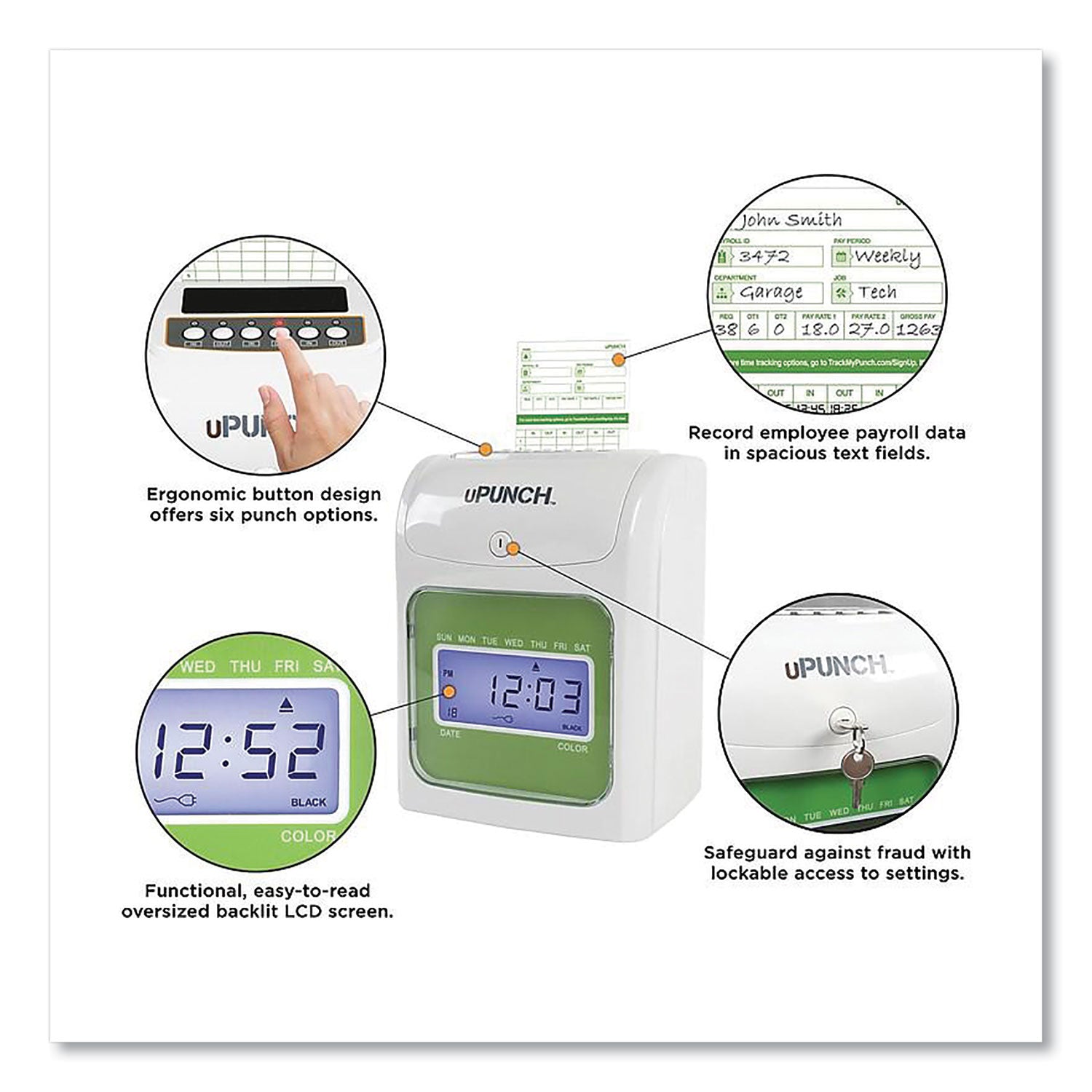 uPunch™ Ub1000 Electronic Non-Calculating Time Clock Bundle, Lcd Display, Beige/green