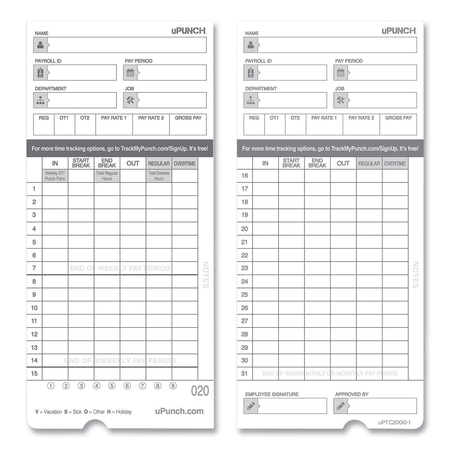 Time Clock Cards for uPunch HN4000, Two Sides, 7.37 x 3.37, 50/Pack