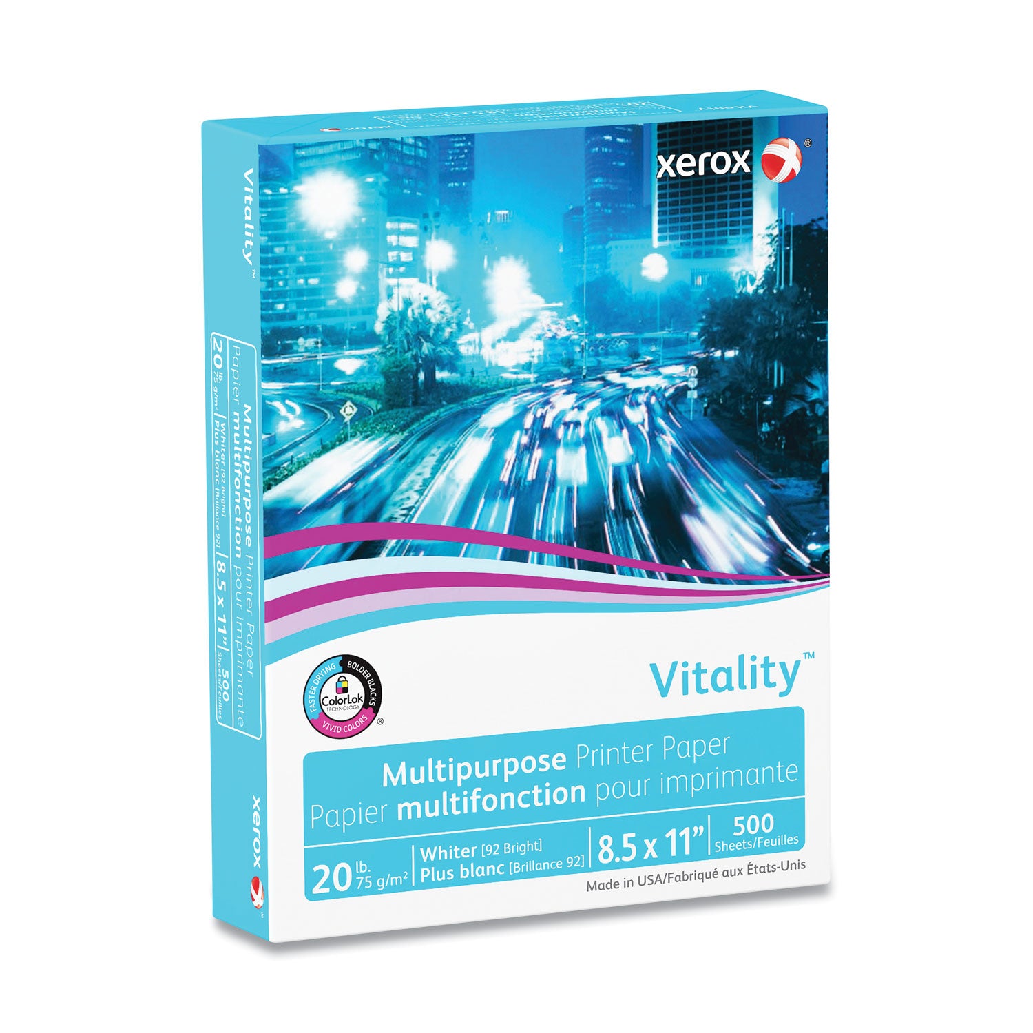 xerox™ Vitality Multipurpose Print Paper, 92 Bright, 20 lb Bond Weight, 8.5 x 11, White, 500 Sheets/Ream