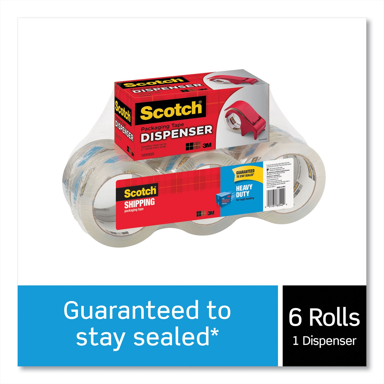 Scotch® 3850 Heavy-Duty Packaging Tape With Dp300 Dispenser, 3" Core, 1.88" X 54.6 Yds, Clear, 6/pack