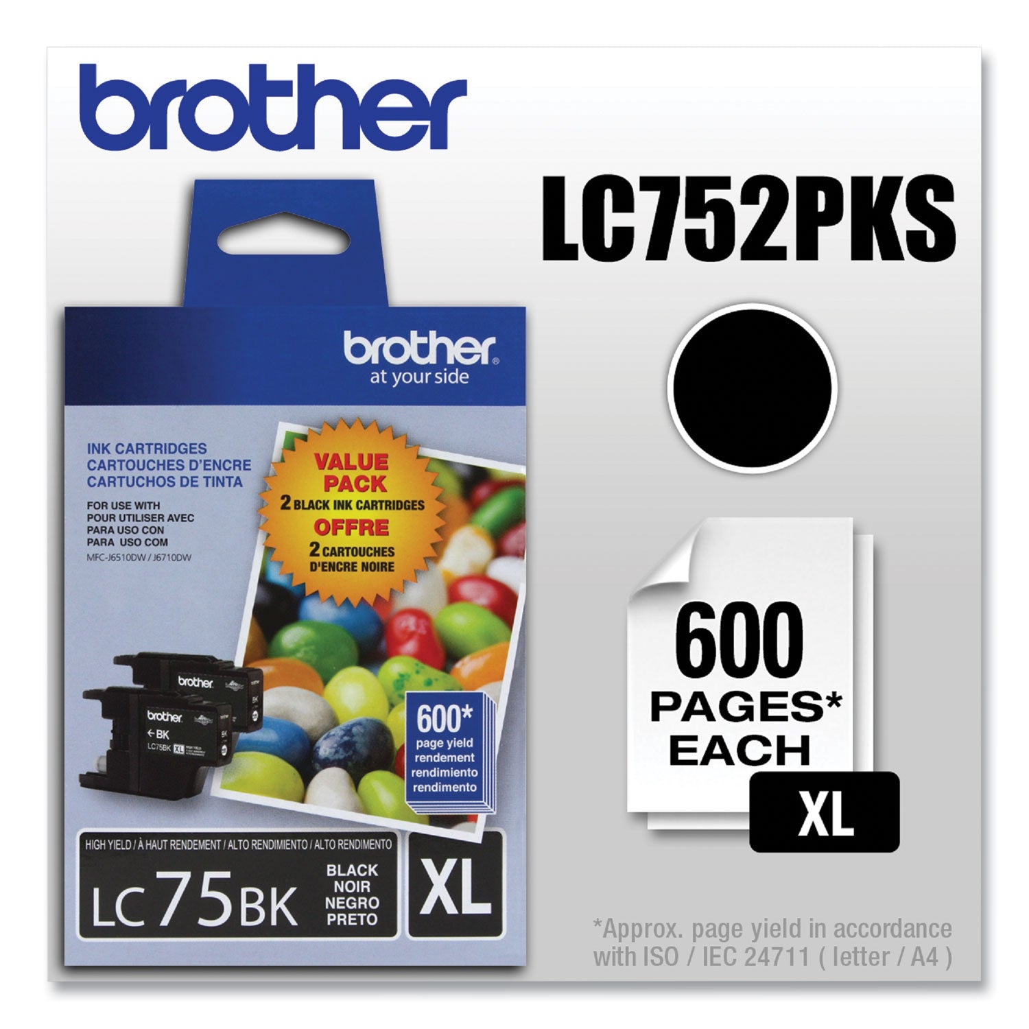 Brother Lc752pks Innobella High-Yield Ink, 600 Page-Yield, Black, 2/pack