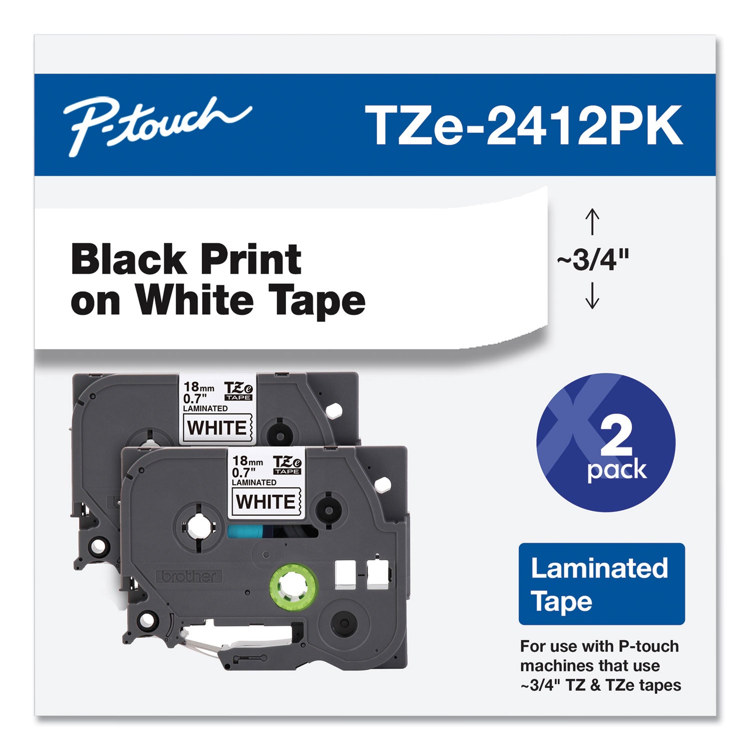 Brother P-Touch® Tze Standard Adhesive Laminated Labeling Tape, 0.7" X 26.2 Ft, Black On White, 2/pack