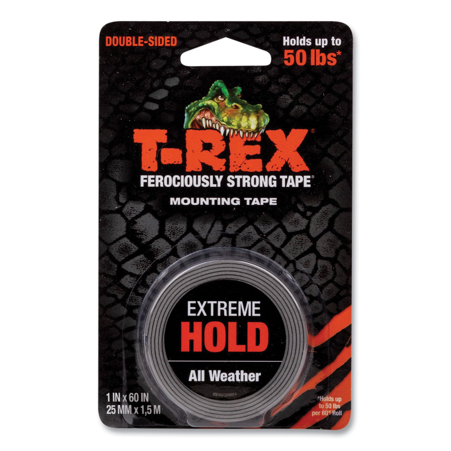 T-REX® Extreme Hold Mounting Tape, 1.5" Core, 1" X 1.66 Yds, Black