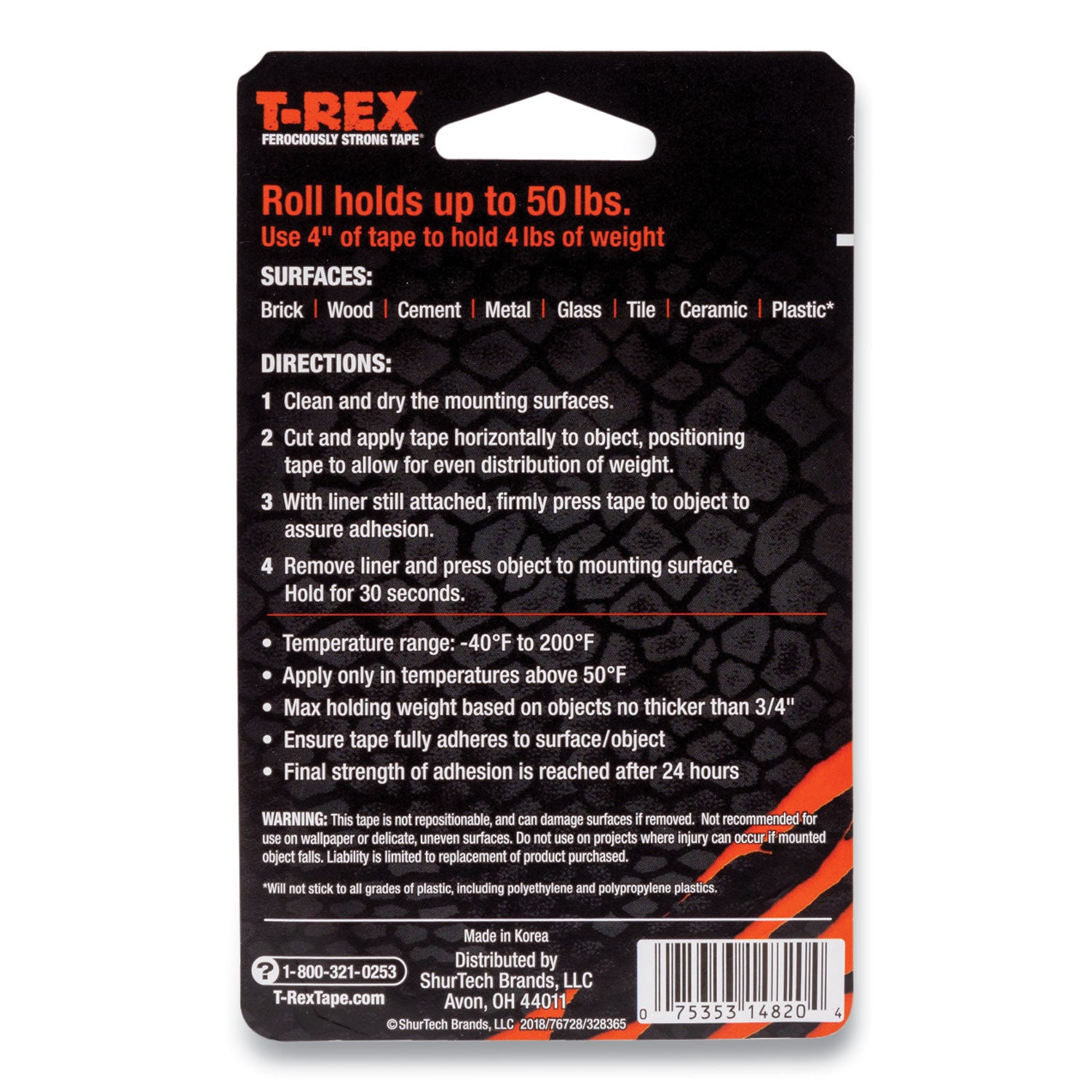 T-REX® Extreme Hold Mounting Tape, 1.5" Core, 1" X 1.66 Yds, Black