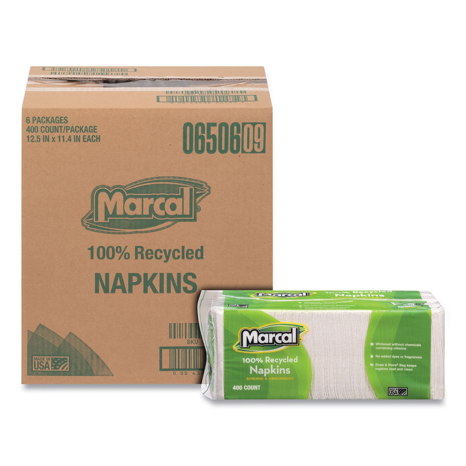 Marcal® 100% Recycled Luncheon Napkins, 11.4 X 12.5, White, 400/pack, 6pk/ct