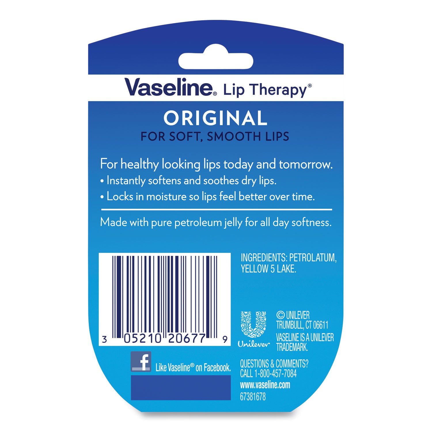 Vaseline® Lip Therapy, Original, 0.25 oz, Plastic Flip-Top Container, 32/Carton