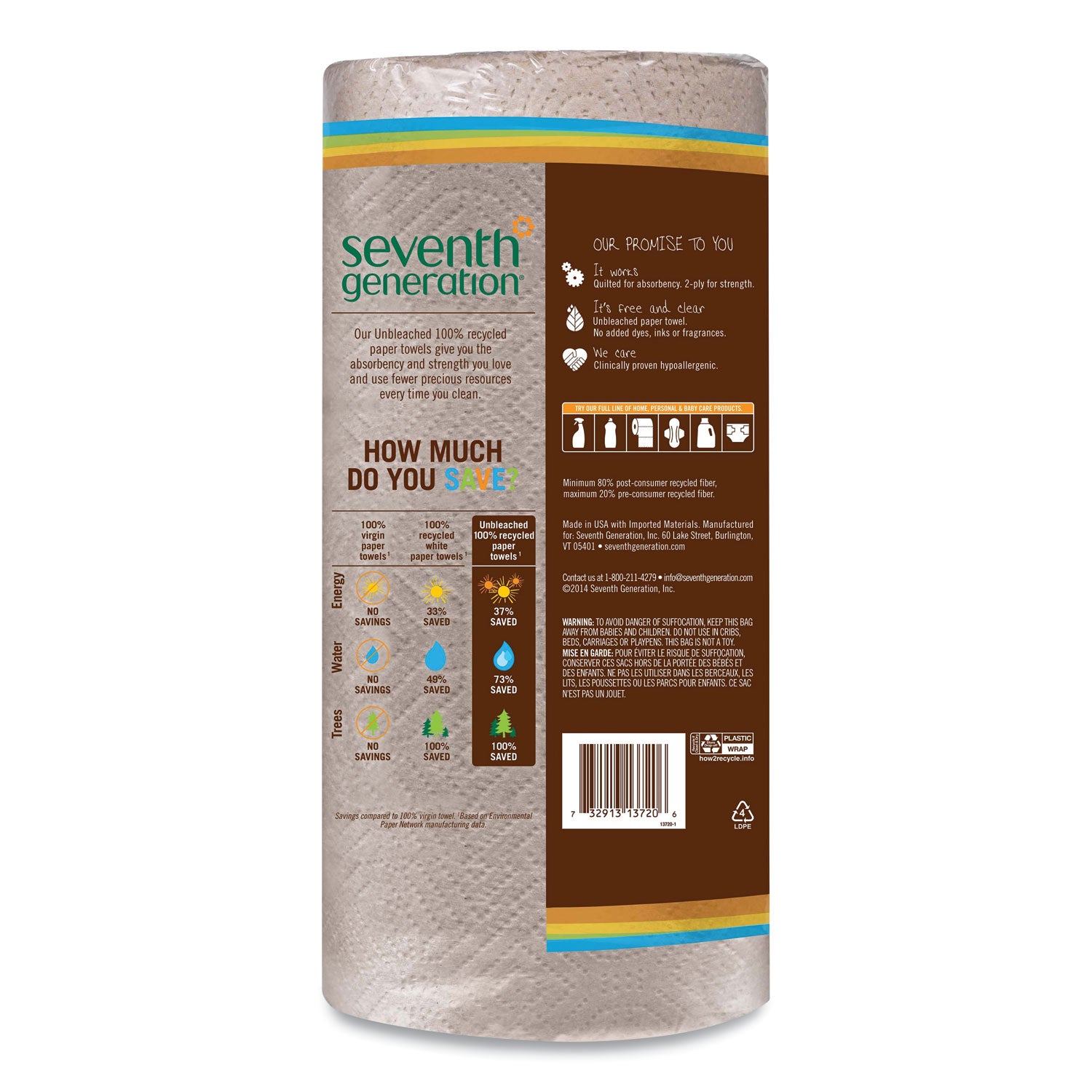 Seventh Generation® Natural Unbleached 100% Recycled Paper Kitchen Towel Rolls, 2-Ply, 11 x 9, 120 Sheets/Roll