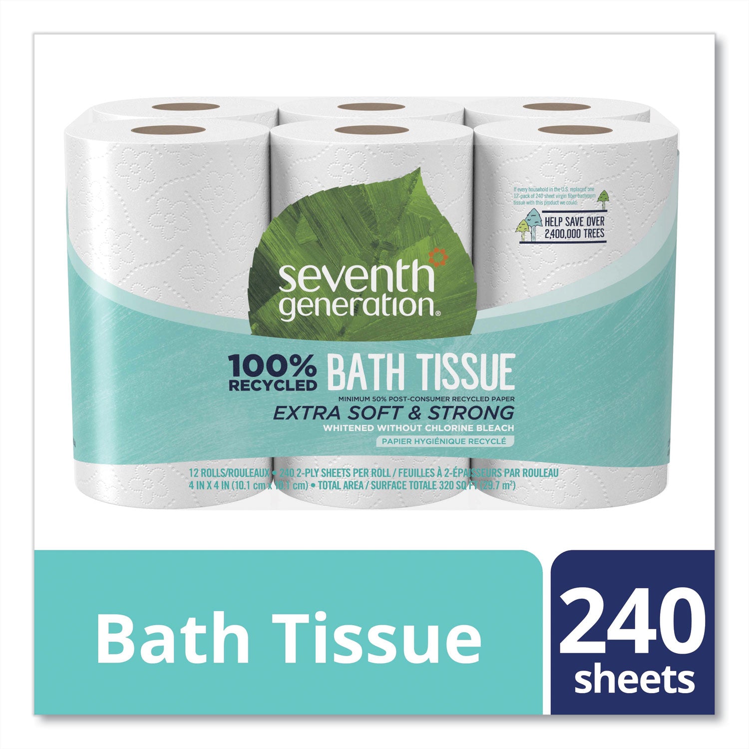 Seventh Generation® 100% Recycled Bathroom Tissue, Septic Safe, 2-Ply, White, 240 Sheets/Roll, 12 Rolls/Pack, 4 Packs/Carton