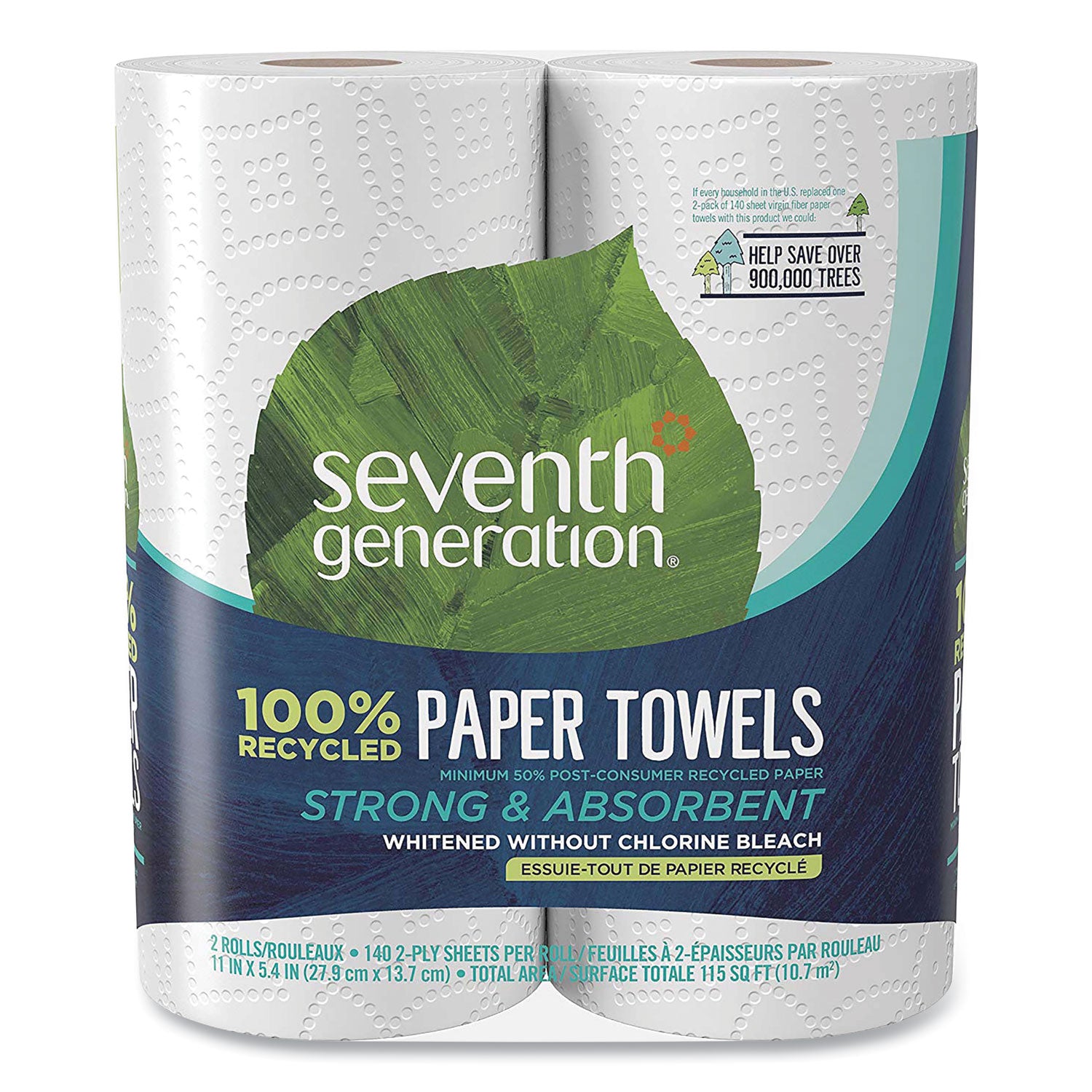 Seventh Generation® 100% Recycled Paper Kitchen Towel Rolls, 2-Ply, 11 x 5.4, 140 Sheets/Roll, 2 Rolls/Pack, 12 Packs/Carton