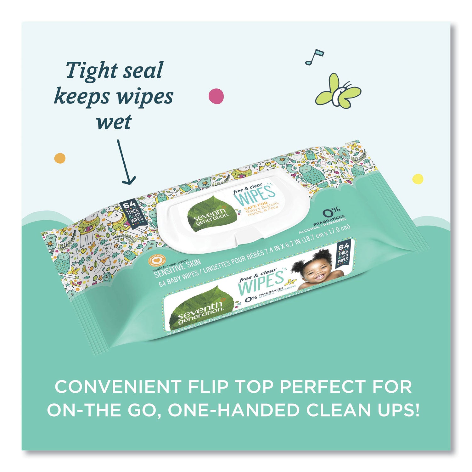 Seventh Generation® Free and Clear Baby Wipes, 7 x 7, Unscented, White, 64/Flip-Top Pack