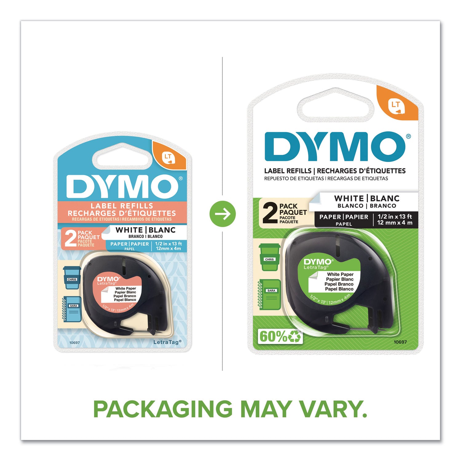 DYMO® Letratag Paper Label Tape Cassettes, 0.5" X 13 Ft, White, 2/pack