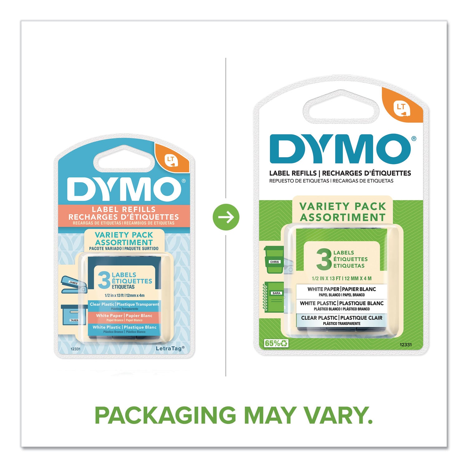 DYMO® Letratag Paper/plastic Label Tape Value Pack, 0.5" X 13 Ft, Assorted, 3/pack