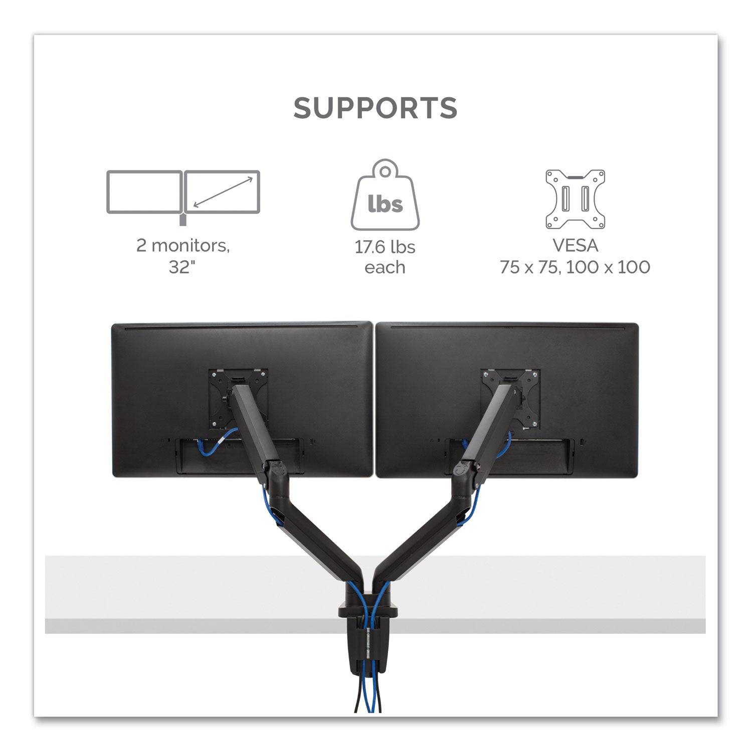 Fellowes® Platinum Series Dual Monitor Arm For 27" Monitors, 360 Deg Rotation, +85 Deg/-20 Deg Tilt, 360 Deg Pan, Black, Supports 20 Lb