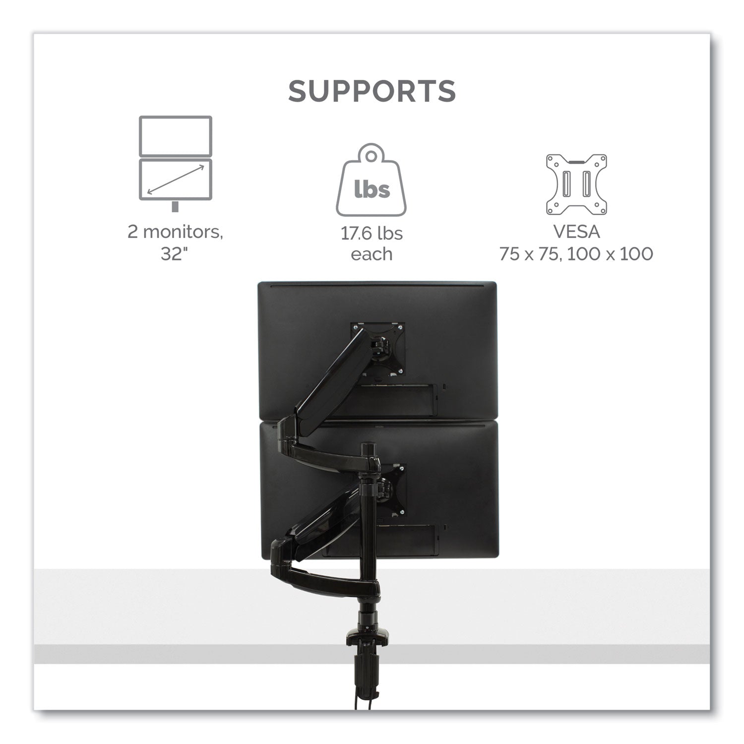 Fellowes® Platinum Series Dual Stacking Arm For 27" Monitors, 360 Deg Rotation, 180 Deg Tilt, 360 Deg Pan, Black, Supports 22 Lb