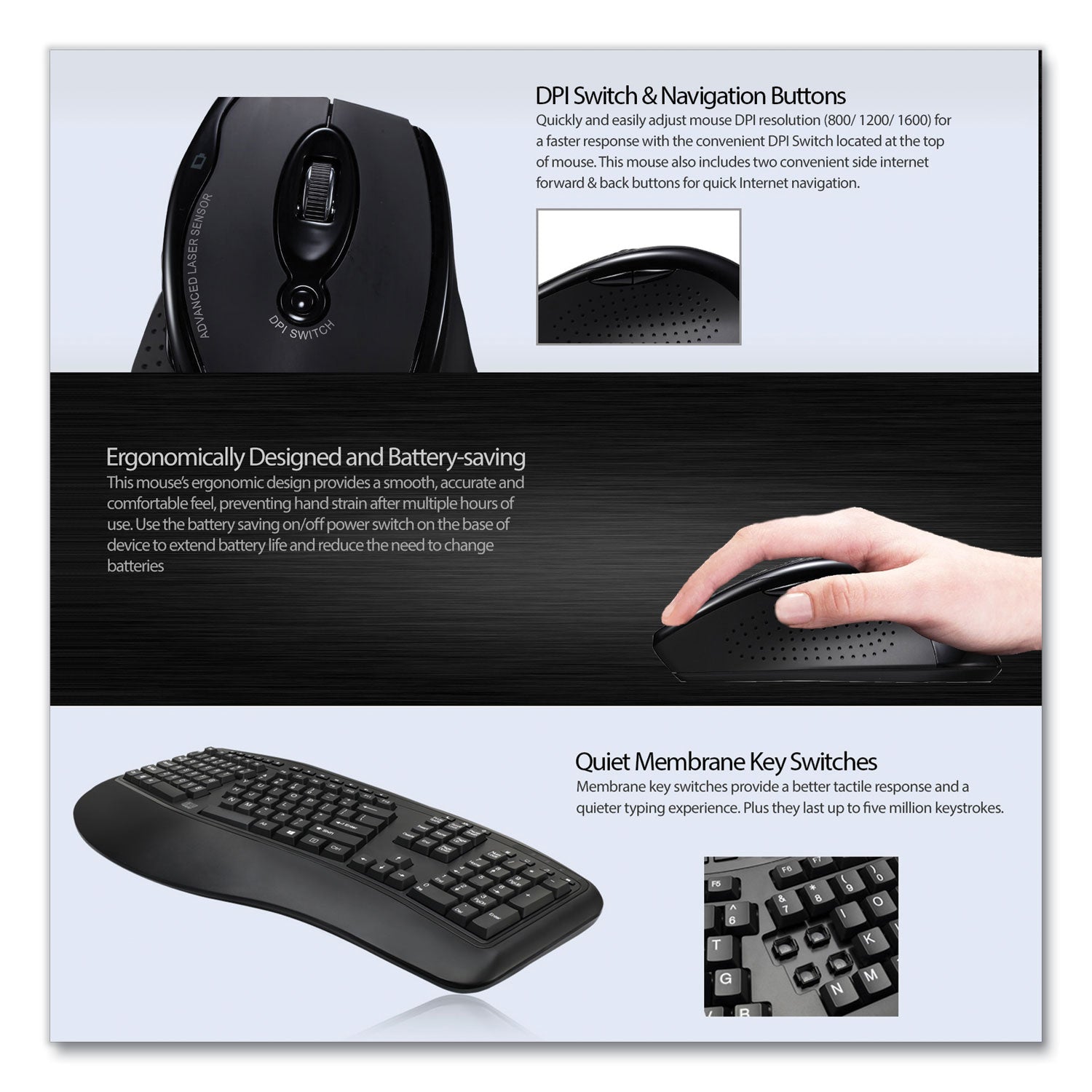 Adesso Wkb1500gb Wireless Ergonomic Keyboard And Mouse, 2.4 Ghz Frequency/30 Ft Wireless Range, Black