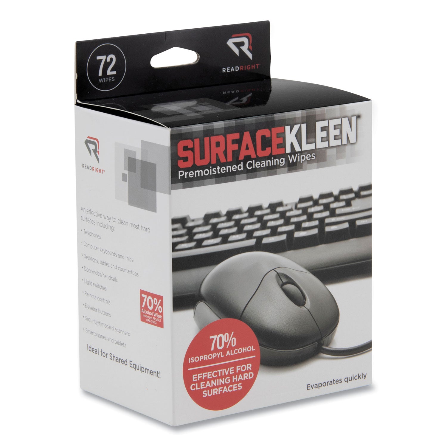 Read Right® SurfaceKleen Premoistened Alcohol Cleaning Wipes, 5 x 5, Individual Foil Packets, Unscented, White, 72/Box