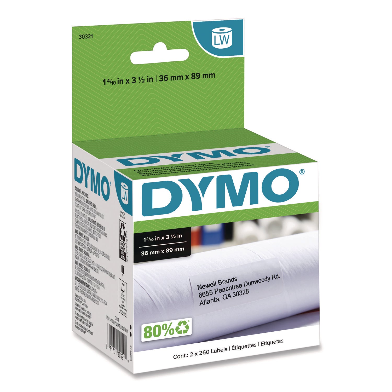 LabelWriter Address Labels, 1.4" x 3.5", White, 260 Labels/Roll, 2 Rolls/Pack