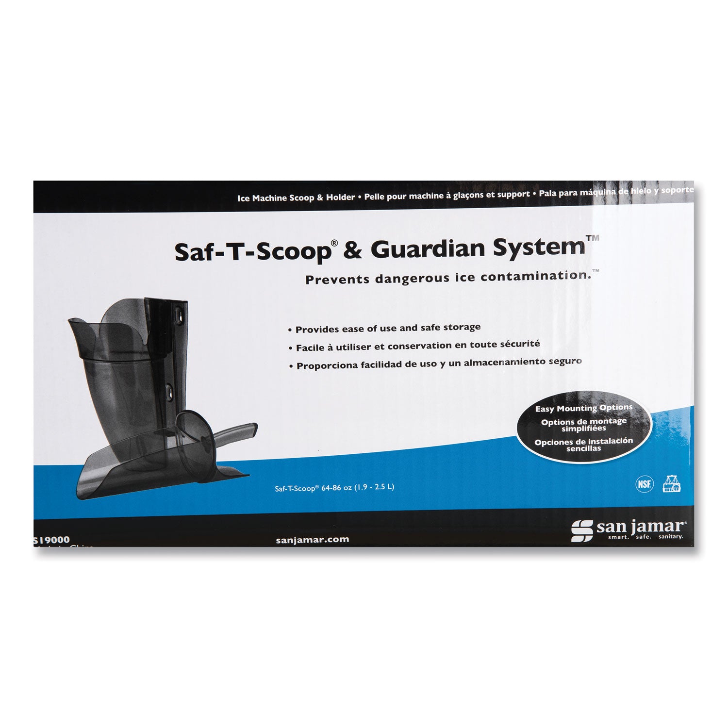 San Jamar® Saf-T-Scoop and Guardian System for Ice Machines, 12 oz to 16 oz Ice Scoop, Transparent Blue, 50/Carton