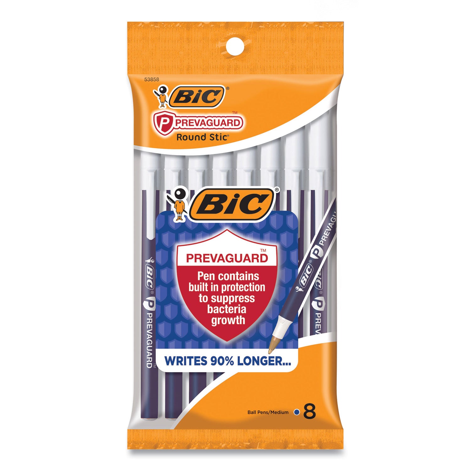 BIC® PrevaGuard Round Stic Ballpoint Pen, Stick, Medium 1 mm, Blue Ink, Blue Barrel, 8/Pack